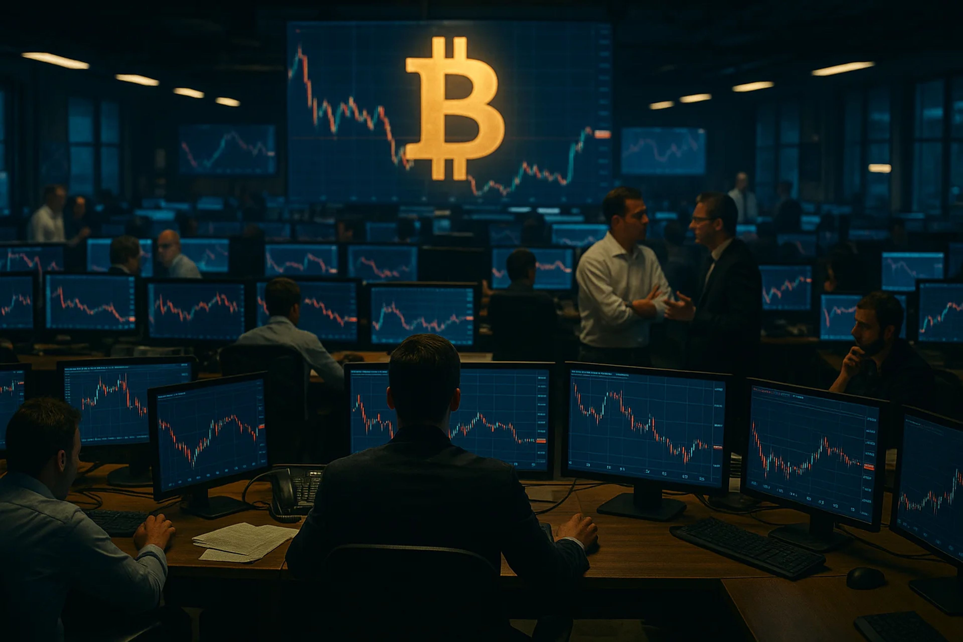 Traders in a dimly lit room with multiple screens