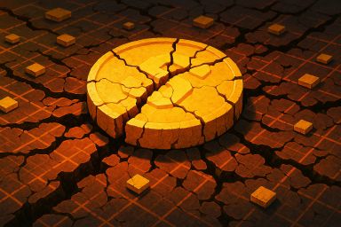 A cracked golden coin on a textured surface