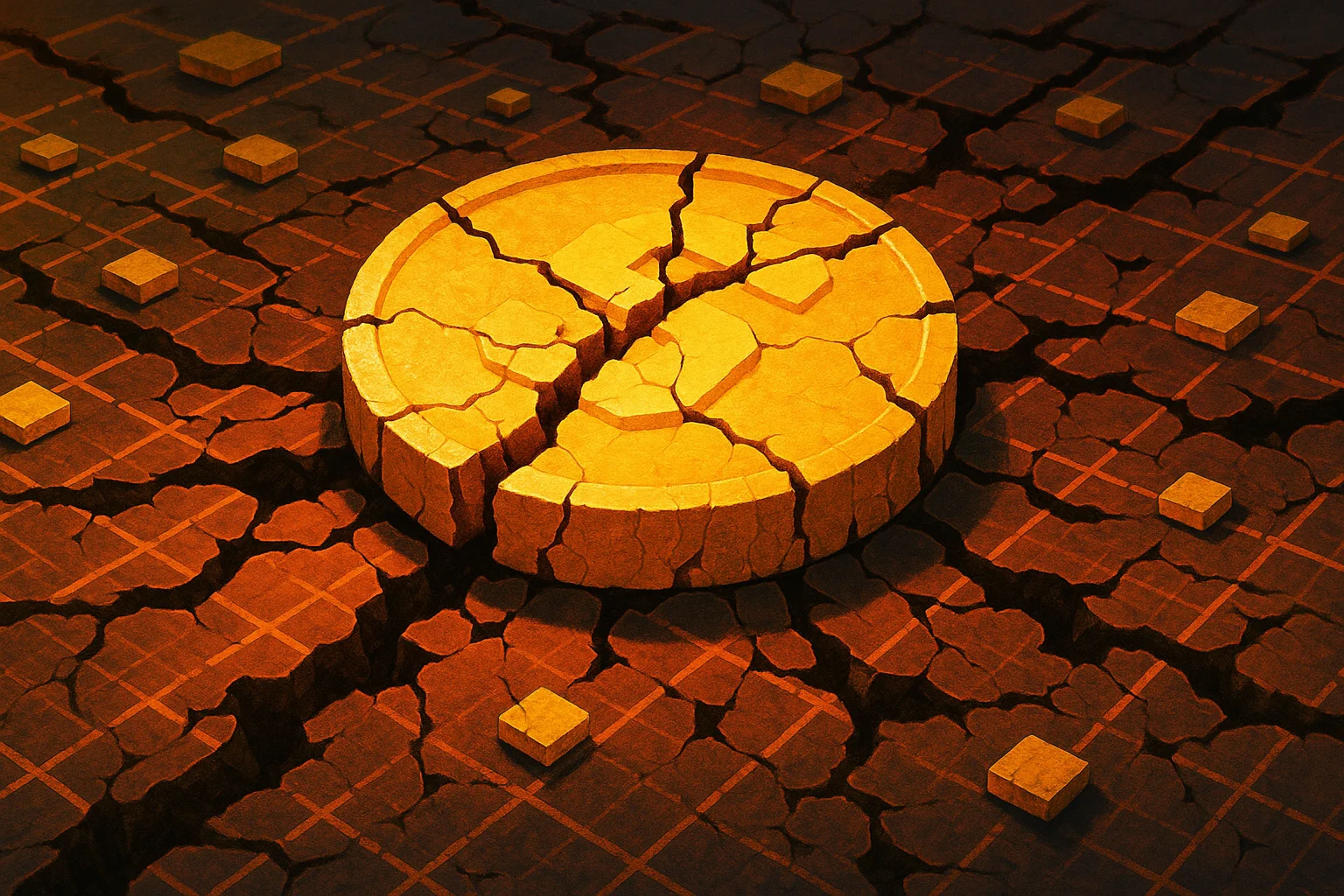 A cracked golden coin on a textured surface