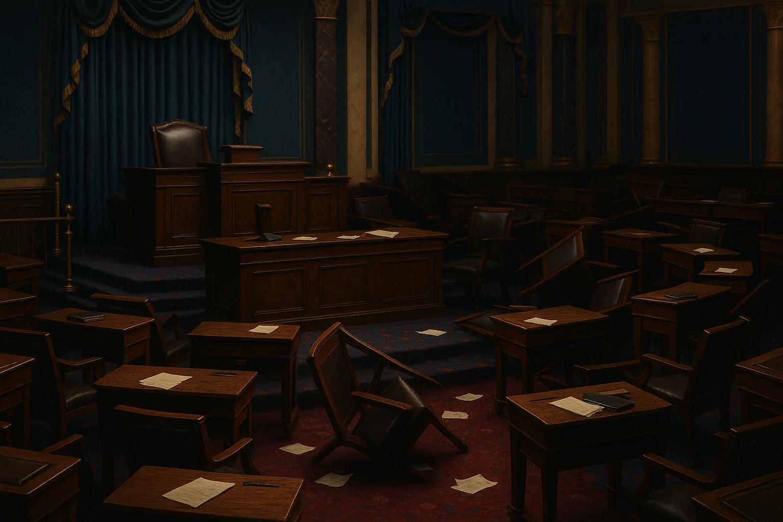 Disordered courtroom with overturned chairs and