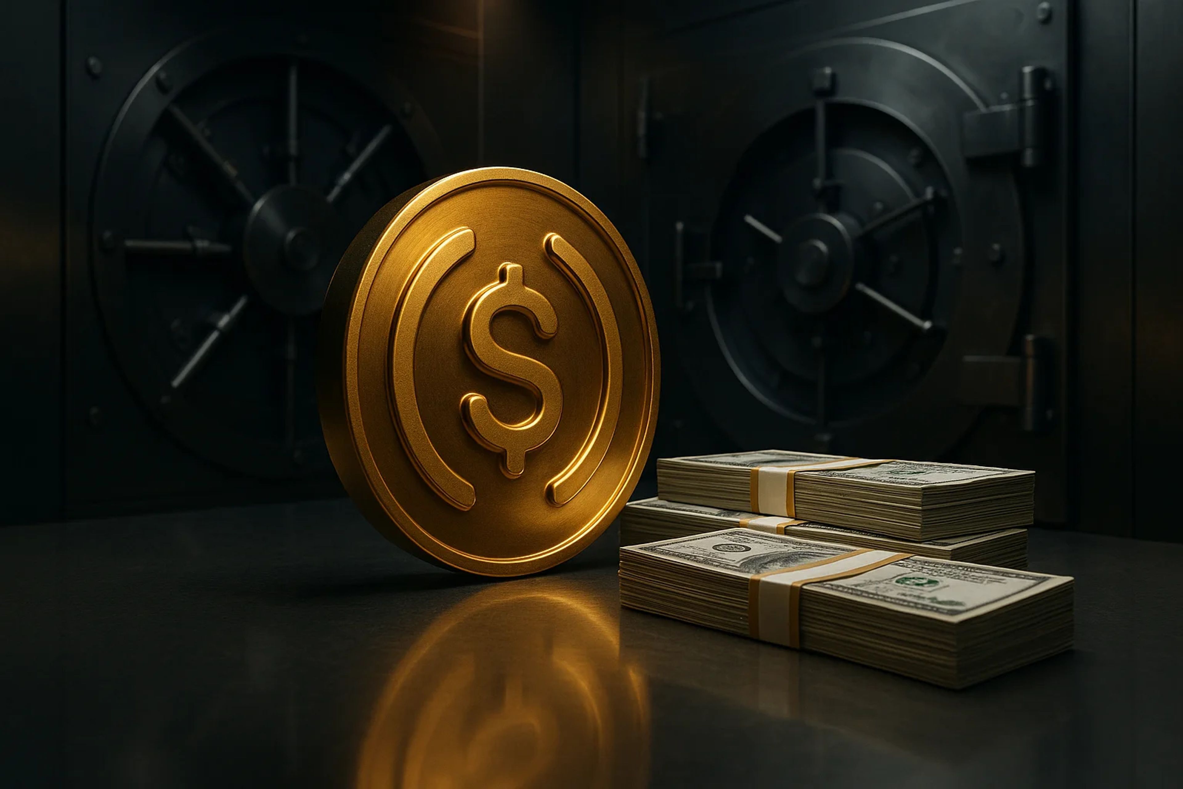 A gold coin with a dollar symbol beside stacks of