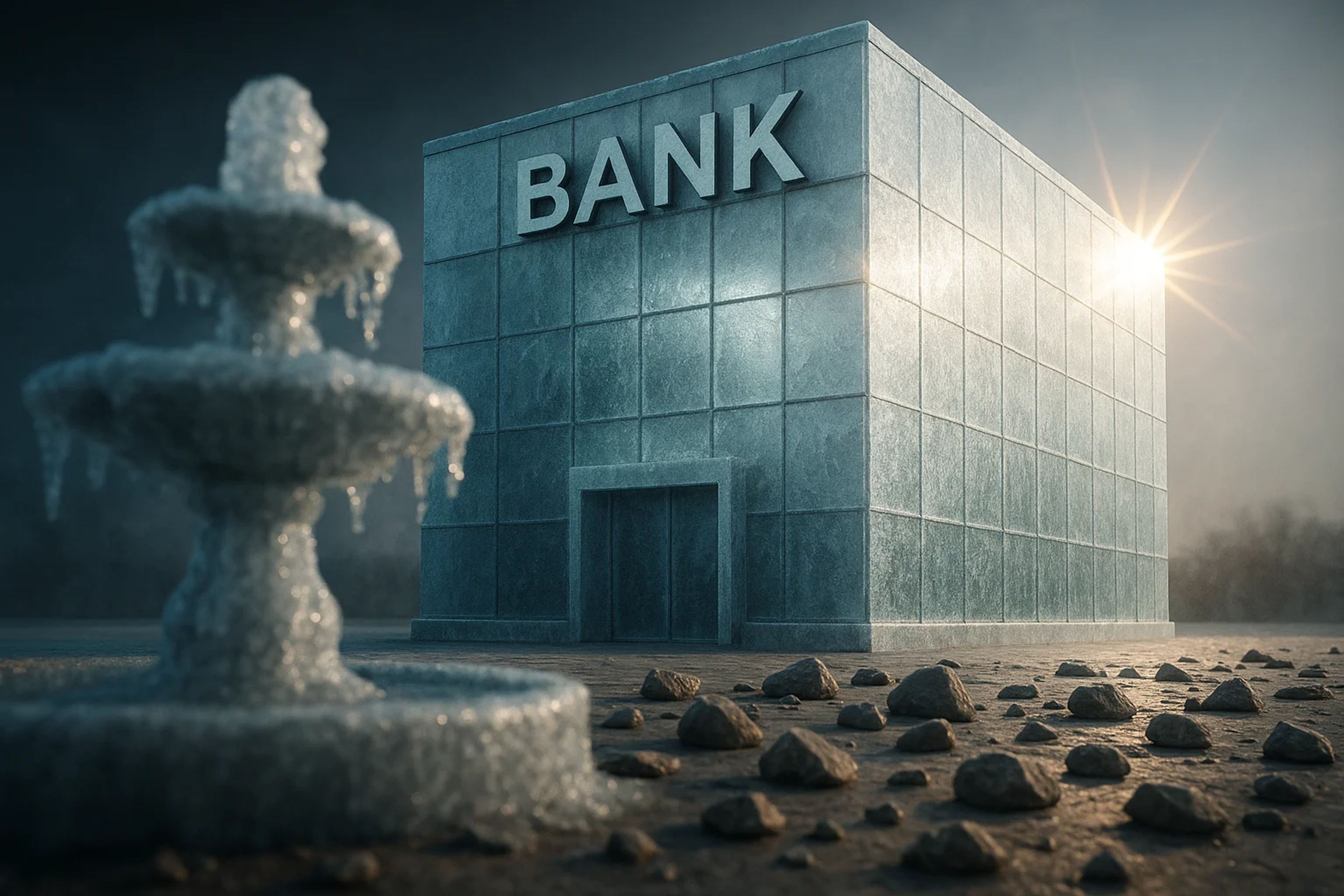 A frozen bank building with a fountain in front