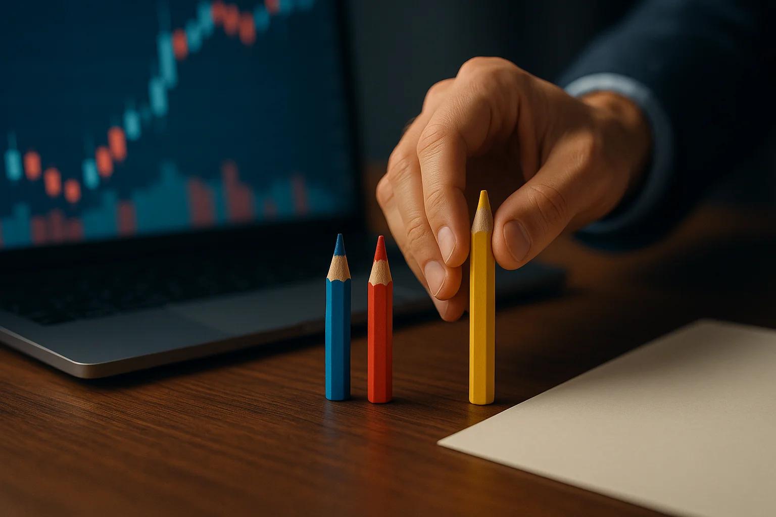 A hand reaching for a yellow pencil among red and