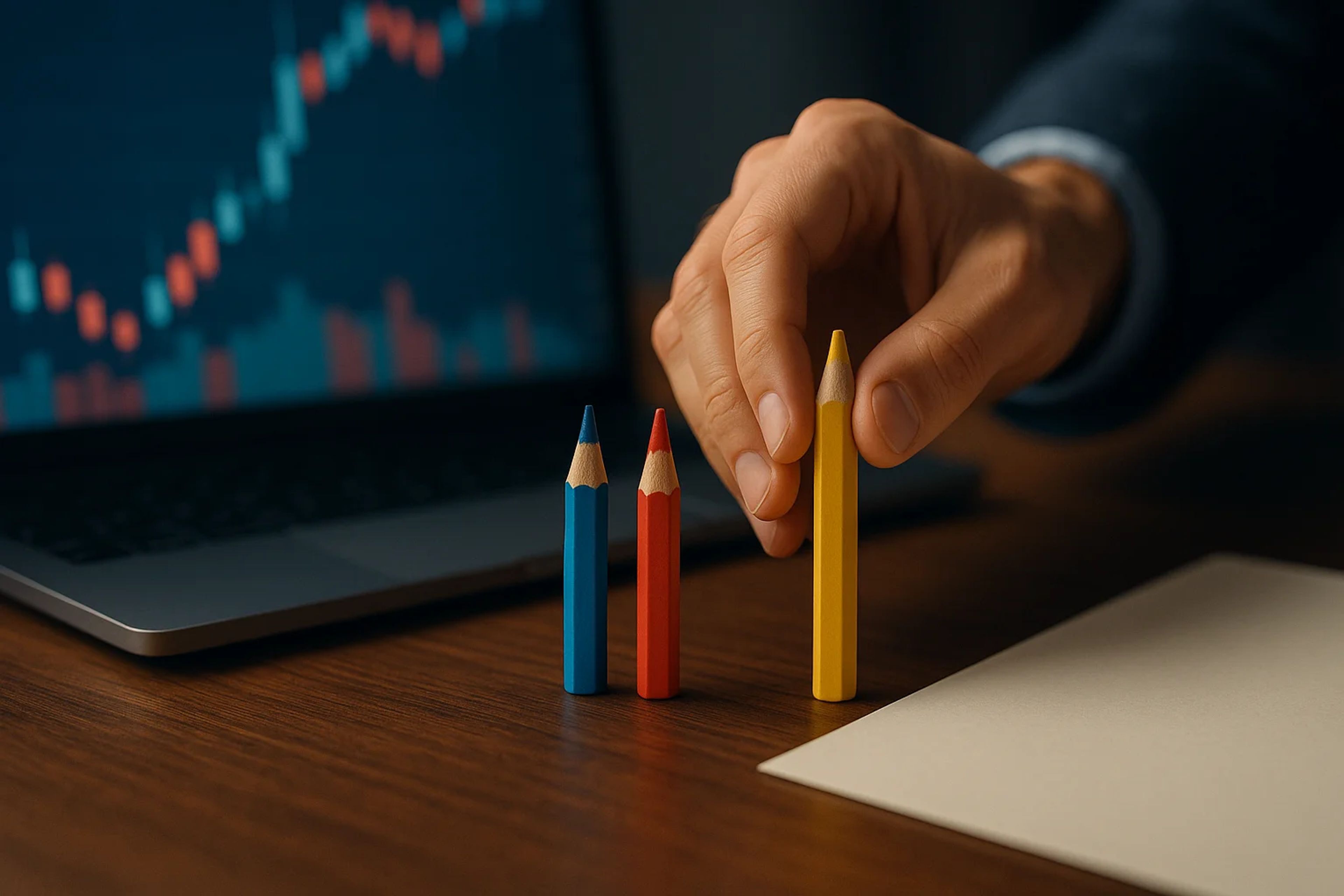 A hand reaching for a yellow pencil among red and