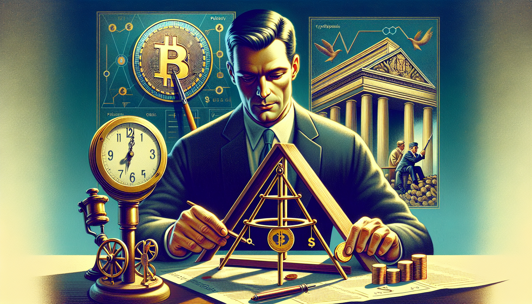 A man in a suit uses a compass and ruler to draw