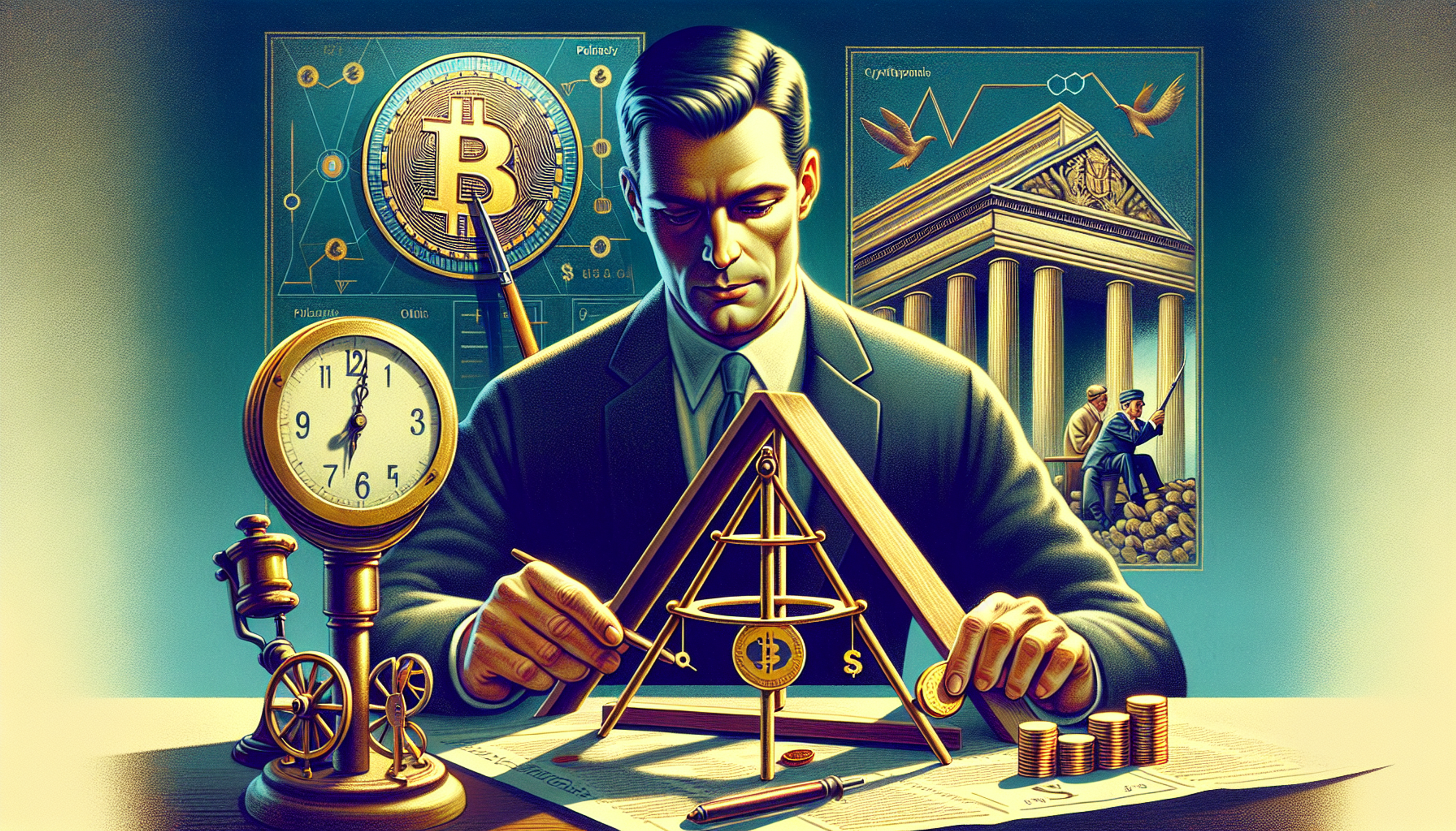 A man in a suit uses a compass and ruler to draw