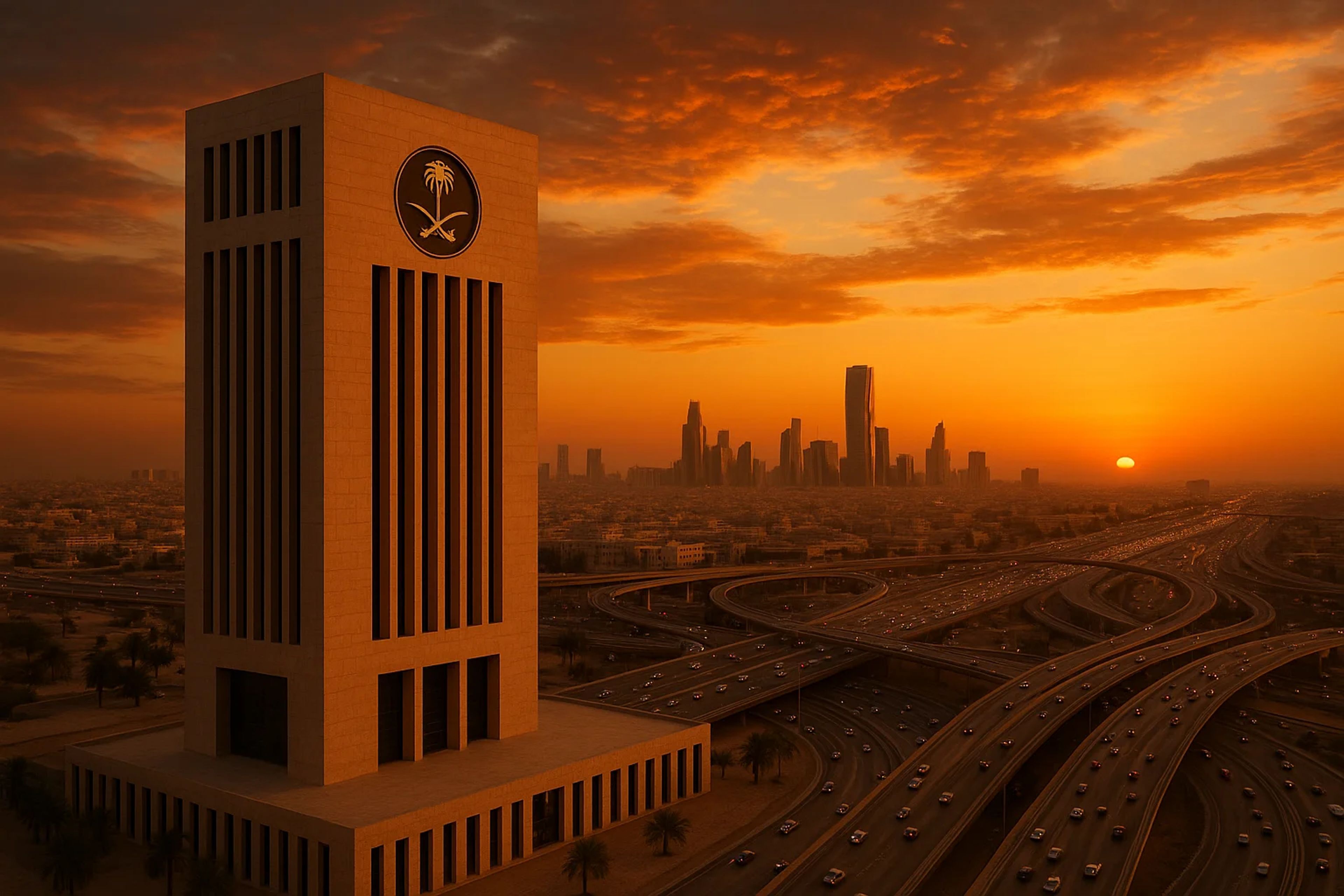 Silhouetted city skyline at sunset with a tall
