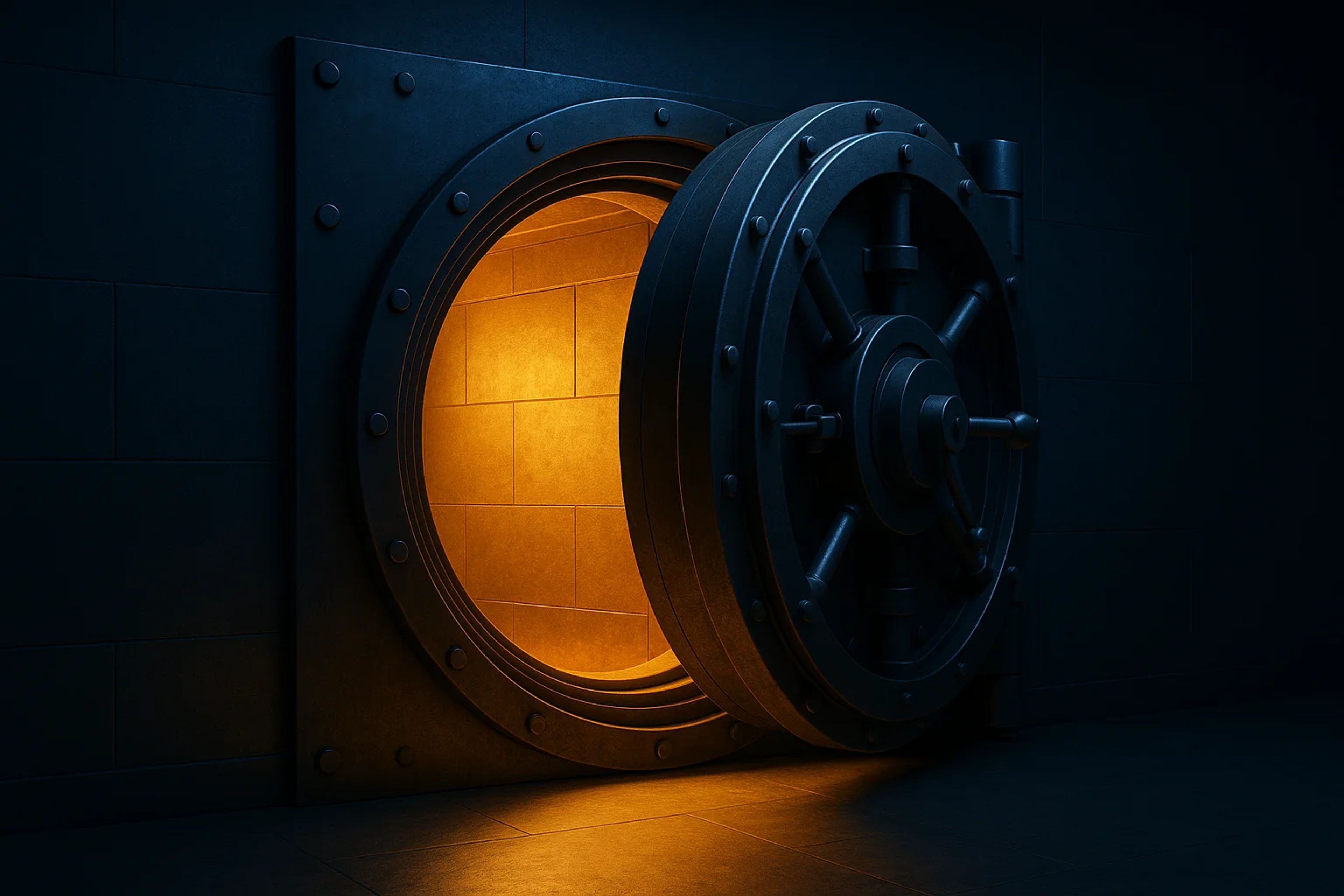 A large, open vault door with a warm glow inside