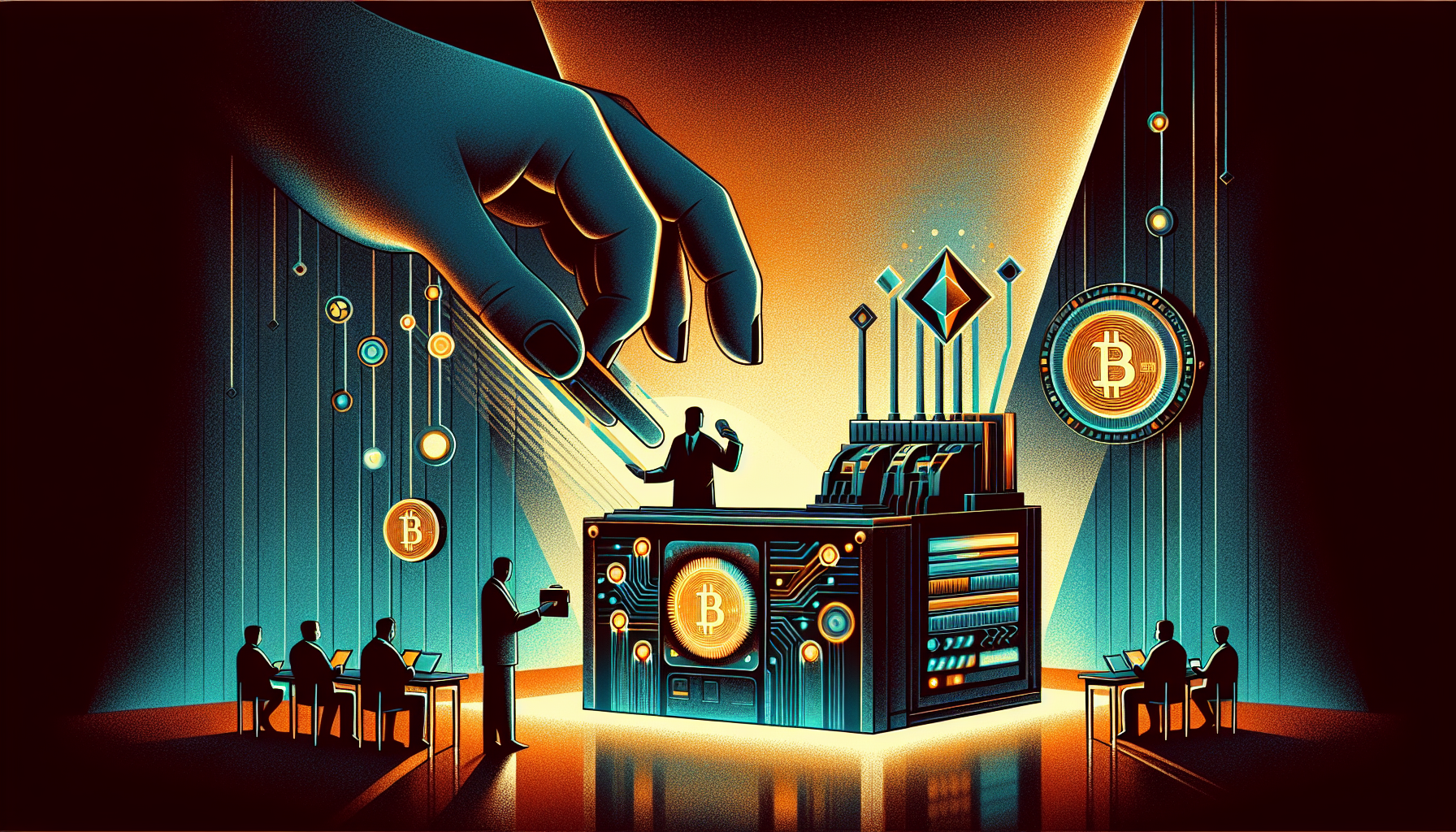 A large hand reaches towards a futuristic podium