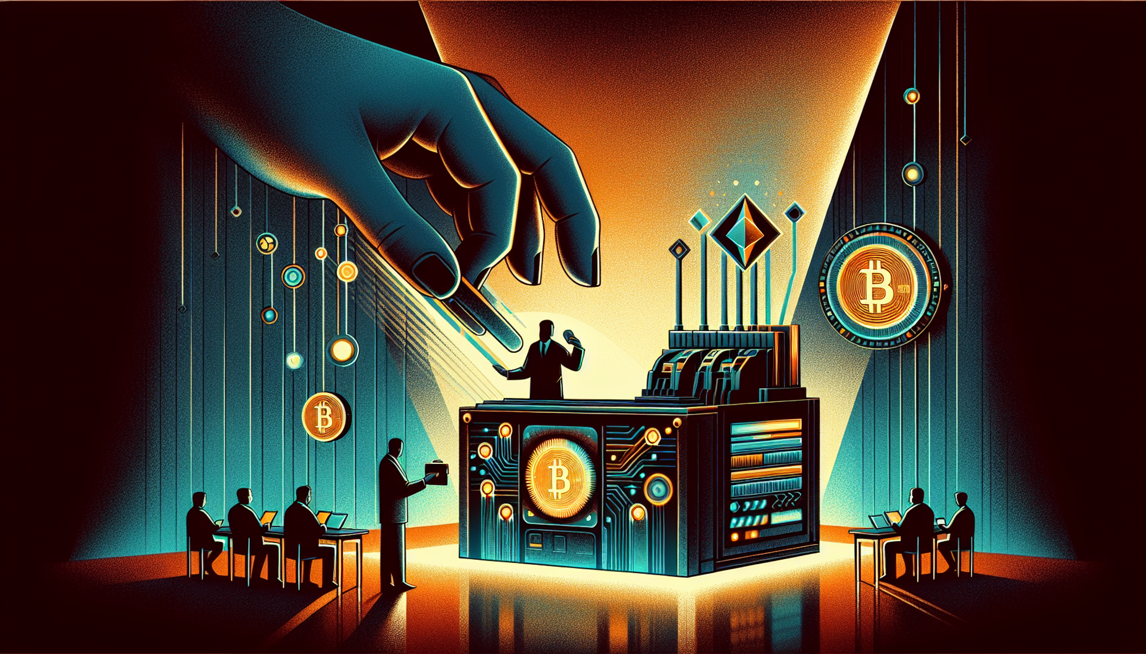 A large hand reaches towards a futuristic podium