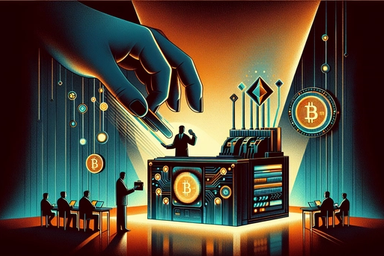 A large hand reaches towards a futuristic podium