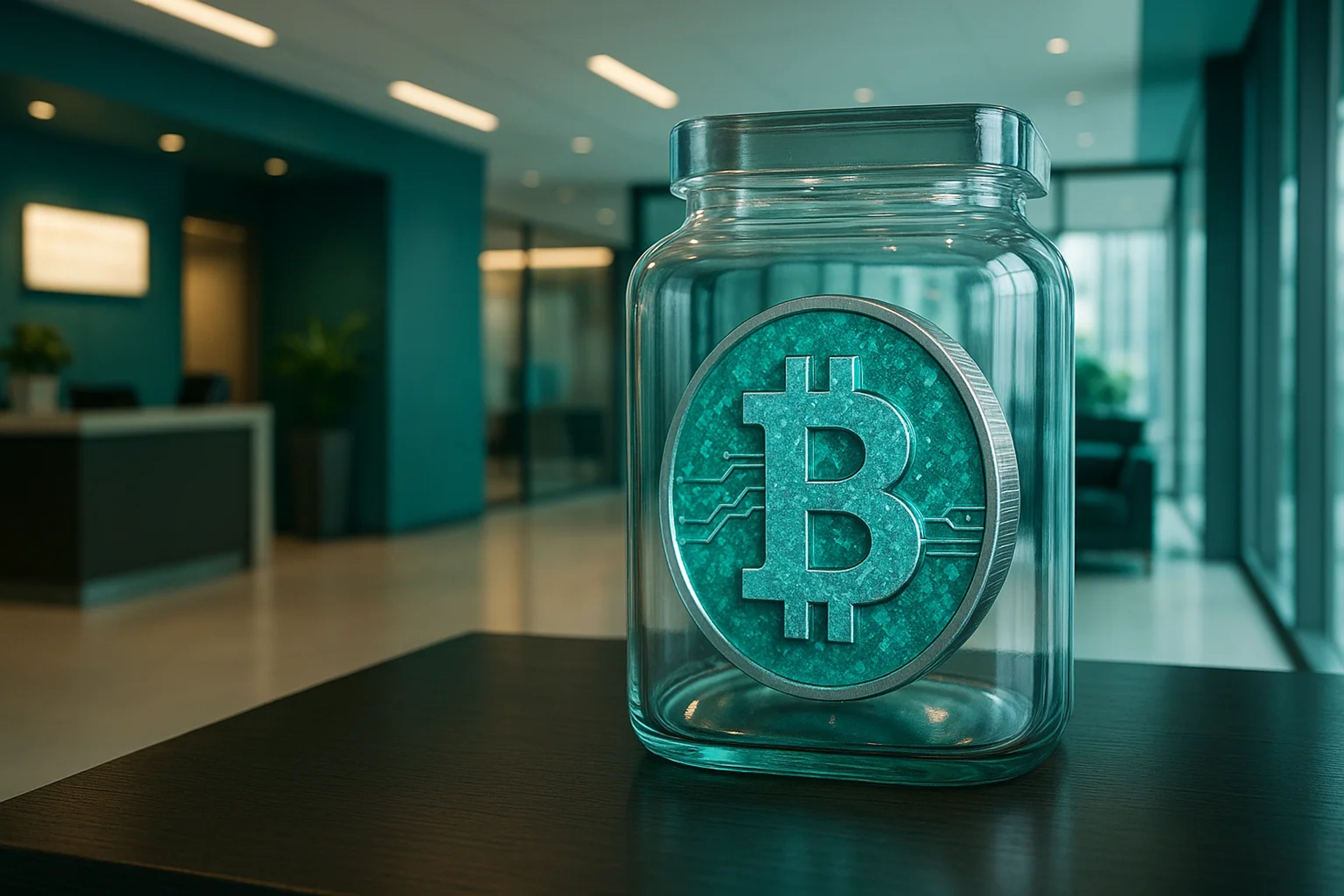 A glass jar containing a large Bitcoin symbol