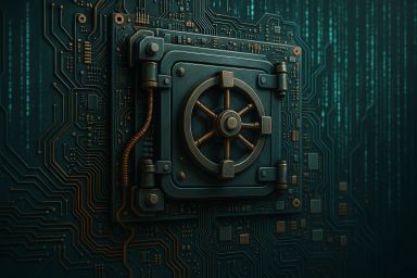 A metallic vault door on a circuit board