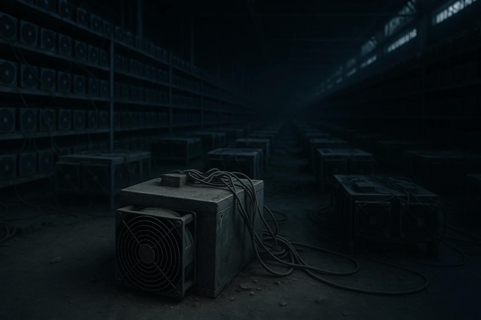 Dimly lit industrial space with abandoned