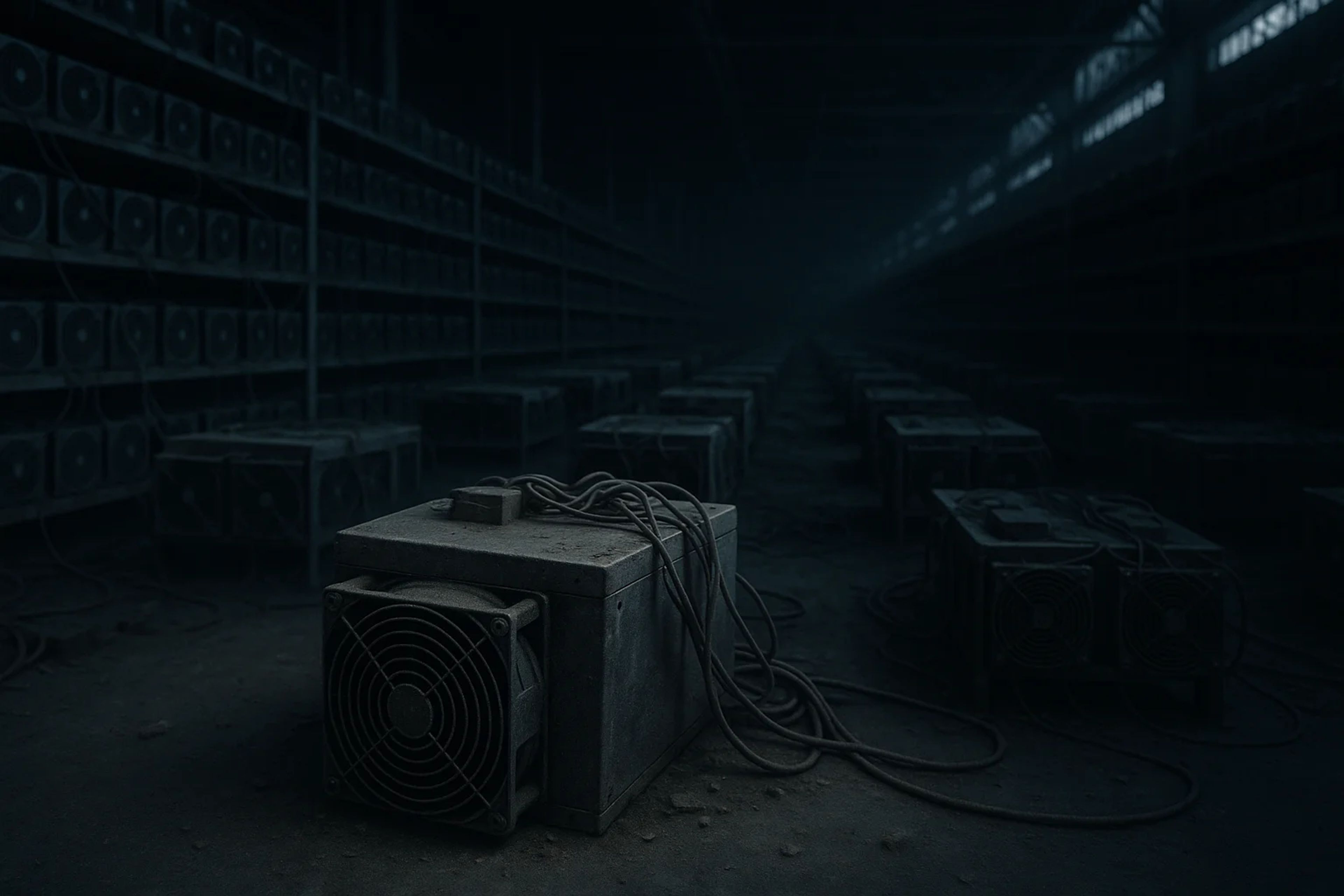 Dimly lit industrial space with abandoned