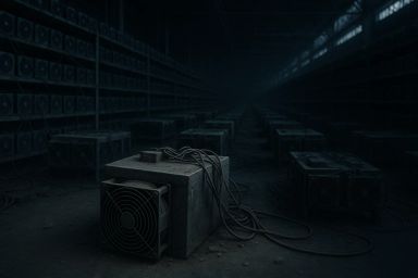 Dimly lit industrial space with abandoned