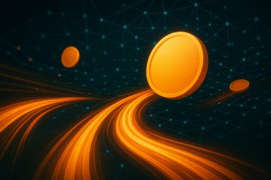 Abstract design with orange coins and flowing