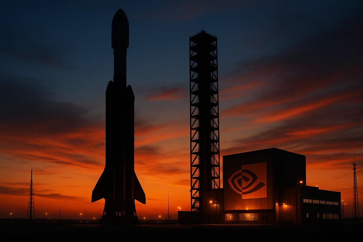 Silhouette of a rocket and launch tower against a
