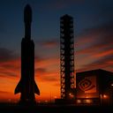 Silhouette of a rocket and launch tower against a