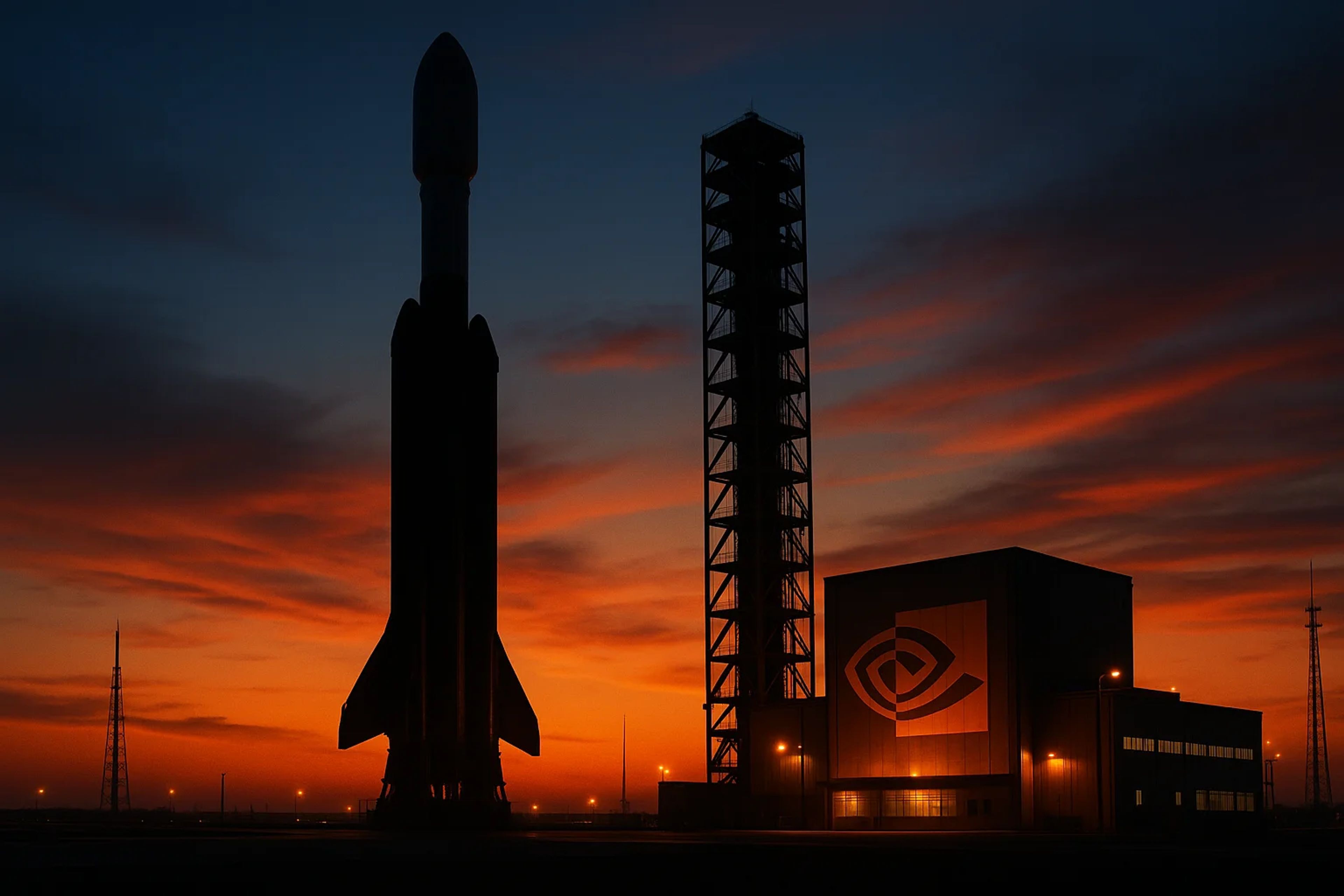 Silhouette of a rocket and launch tower against a