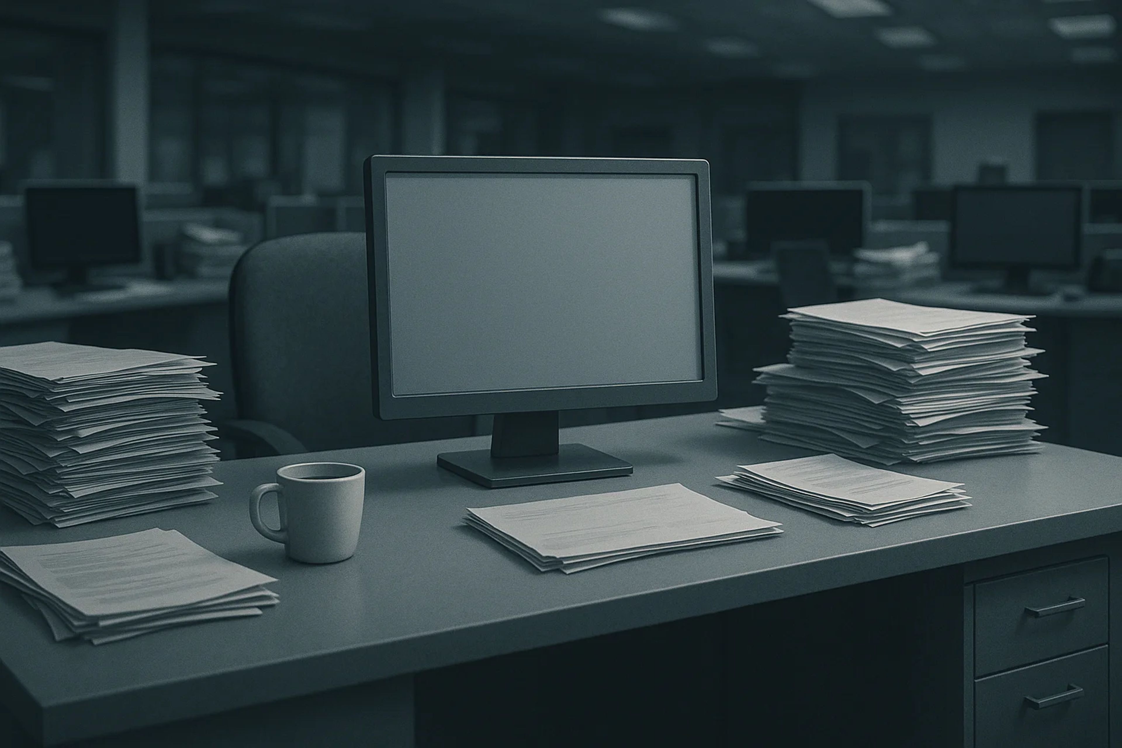 A desk with a computer monitor, stacks of papers