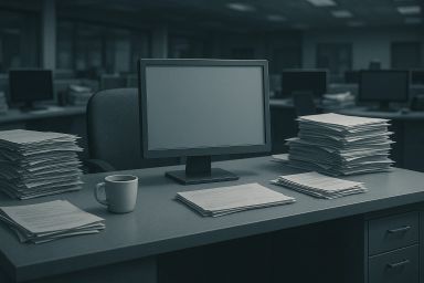 A desk with a computer monitor, stacks of papers