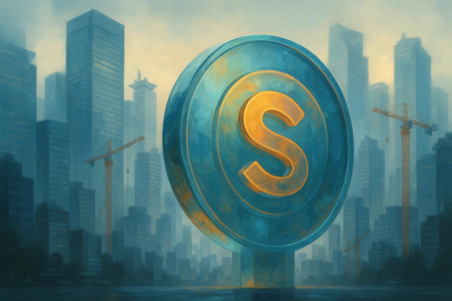 Large stylized coin with an 'S' symbol in a