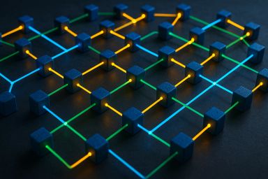 Colorful interconnected lines and cubes on a dark