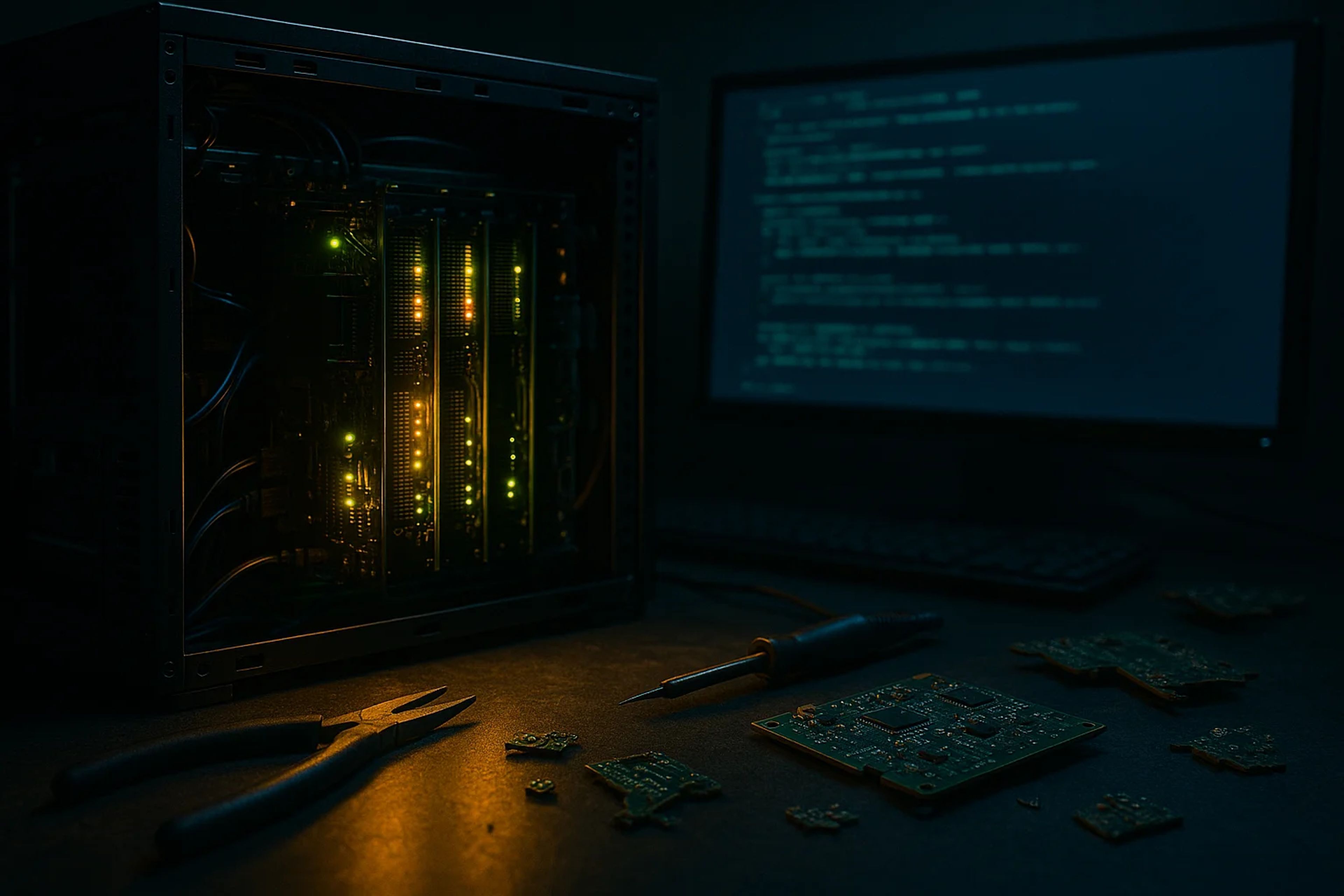 A dark workspace with a computer tower, glowing
