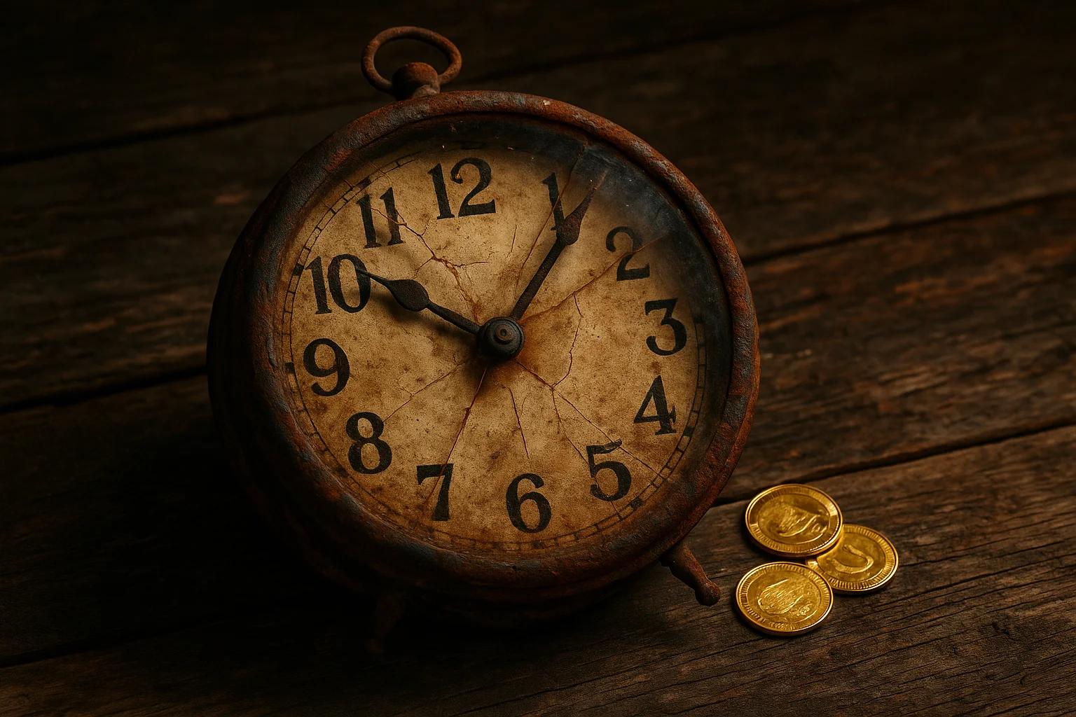 A vintage clock with a cracked face beside three