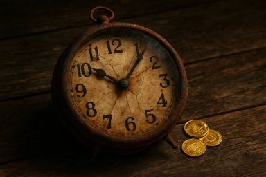 A vintage clock with a cracked face beside three