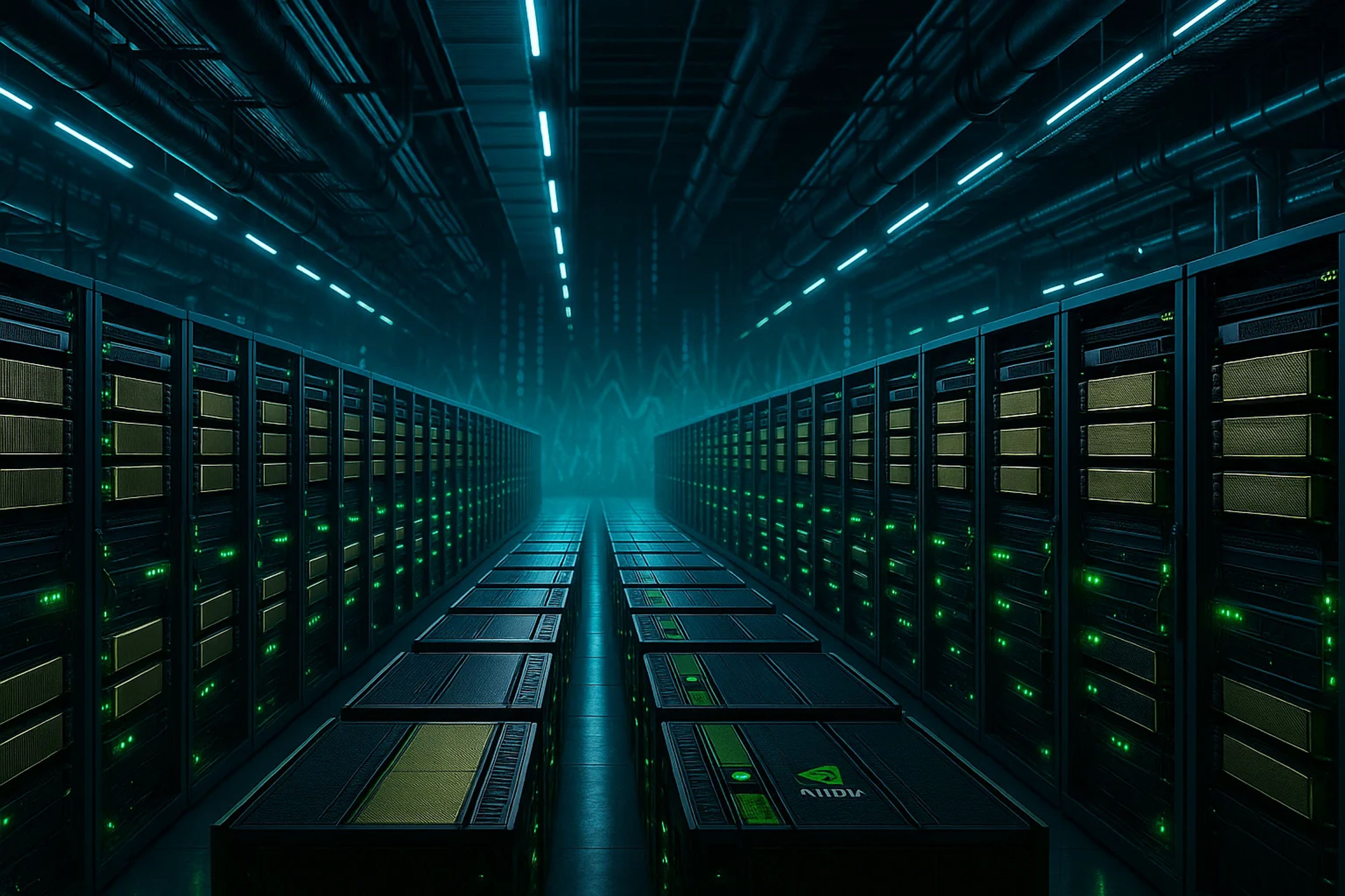 A dimly lit data center with rows of servers