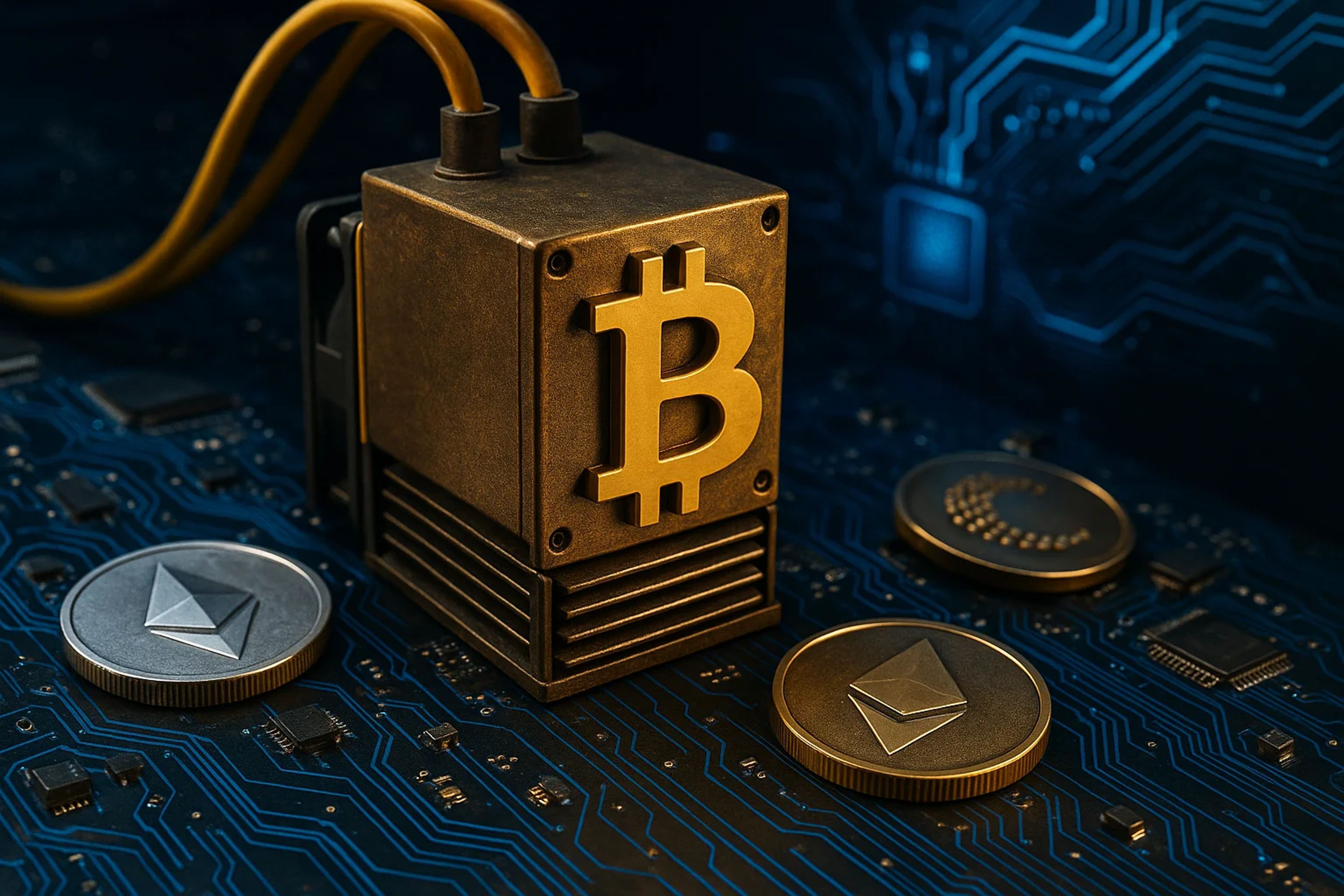 Gold Bitcoin symbol on a dark circuit board