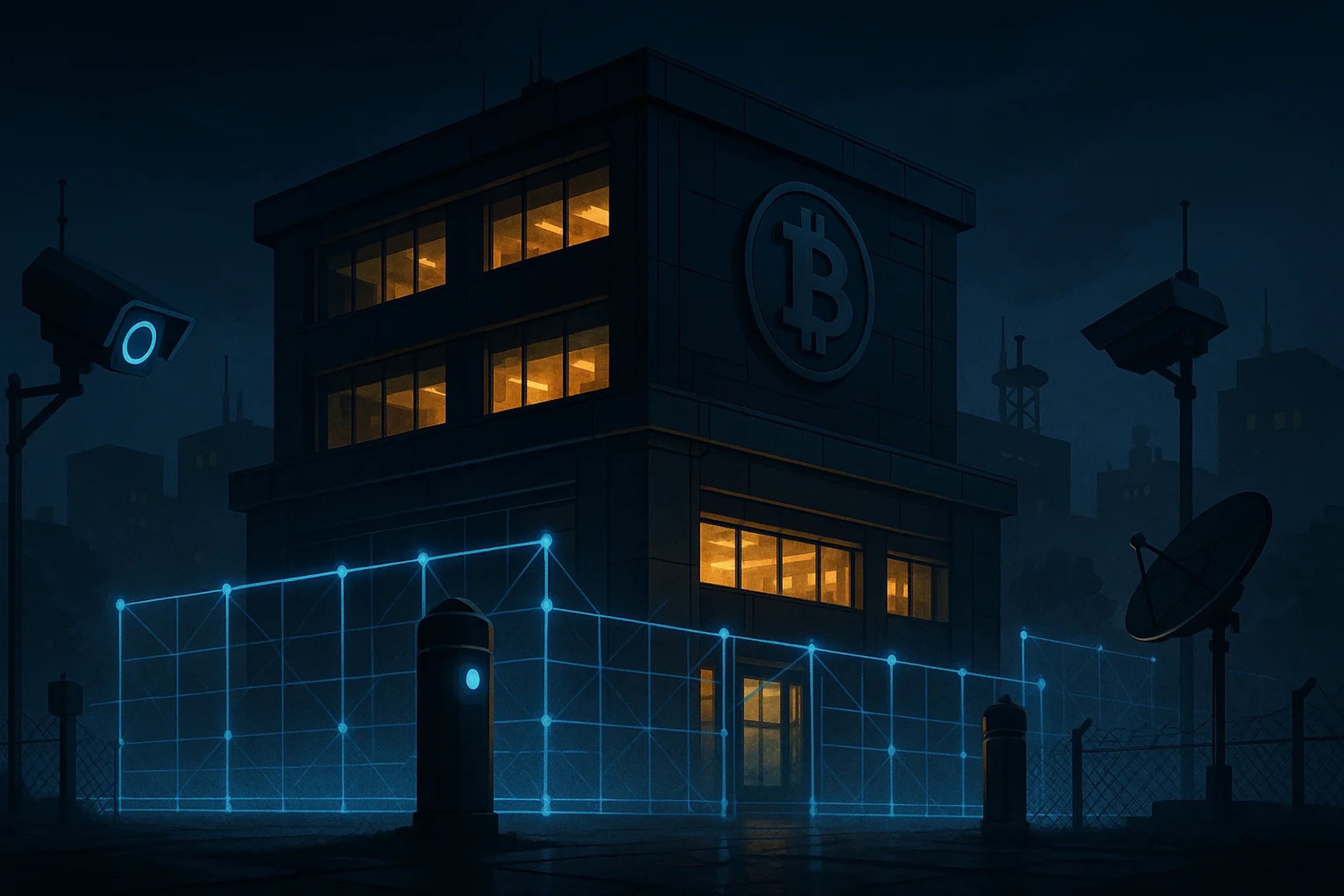 A modern building with a Bitcoin symbol