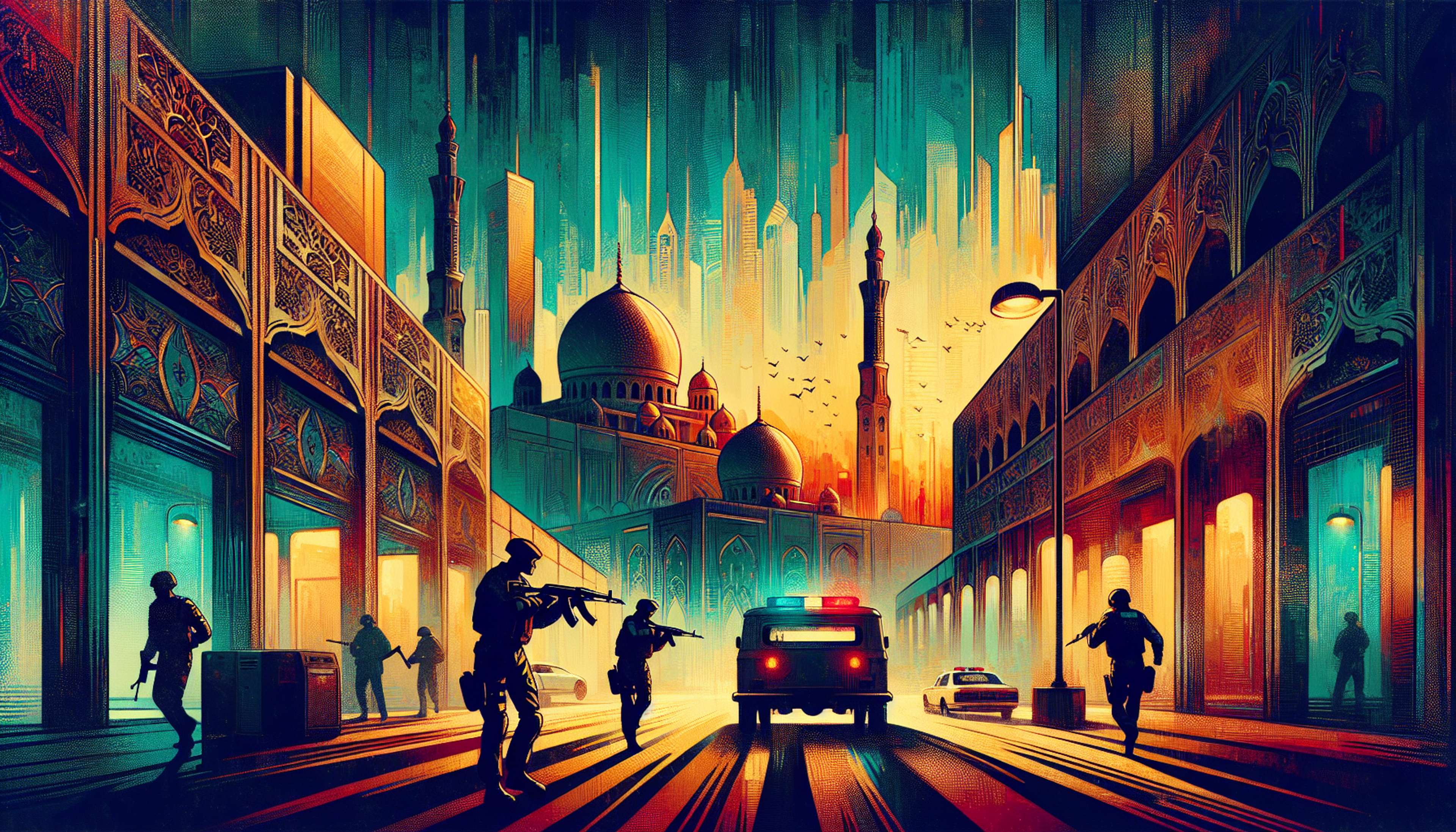 Silhouetted figures in a vibrant urban landscape