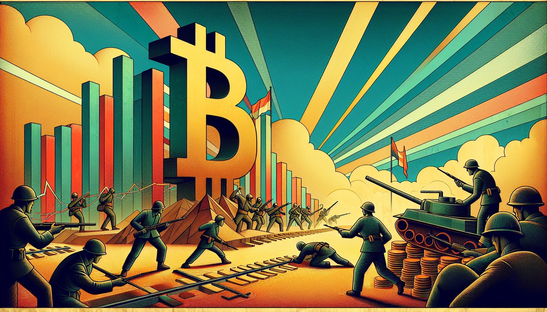 Colorful illustration of soldiers and tanks near