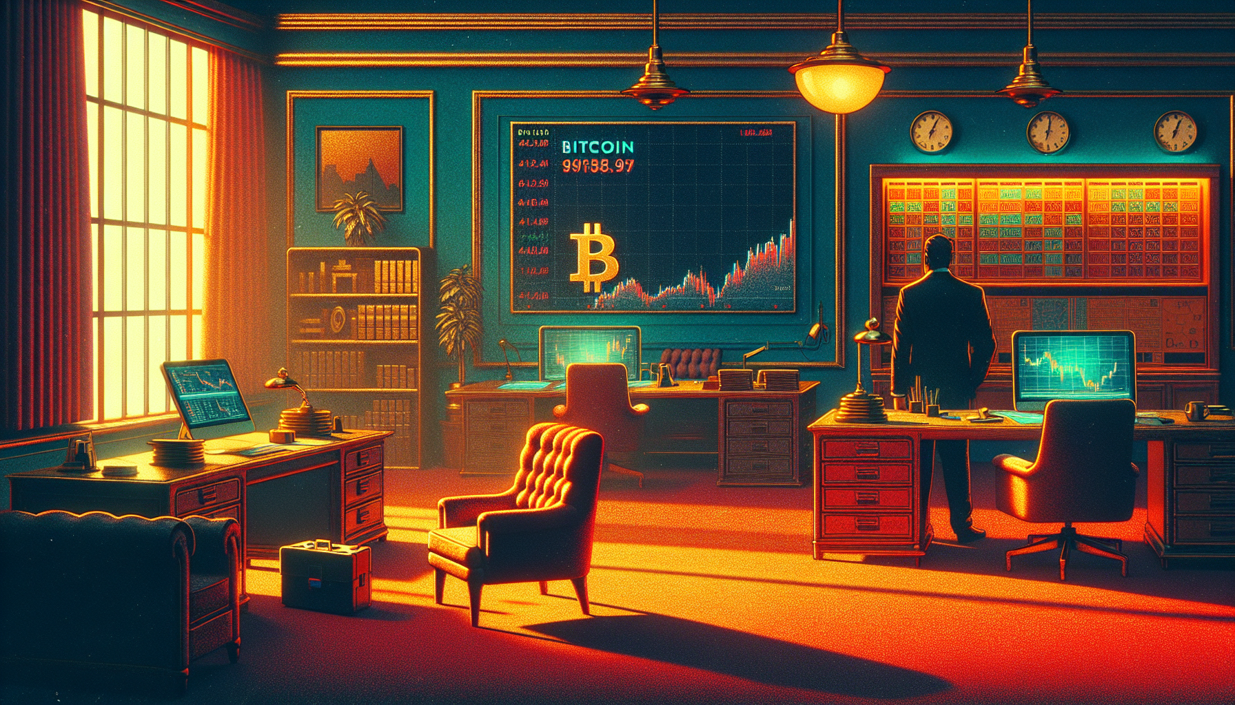 A dimly lit office with vintage decor, featuring
