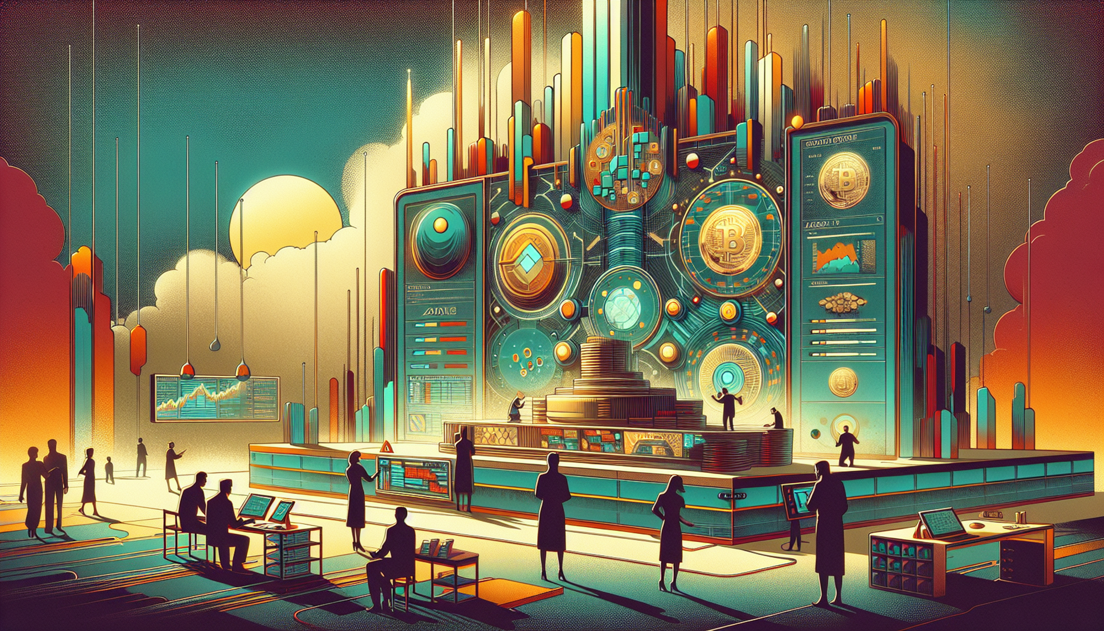 A futuristic digital trading floor with large