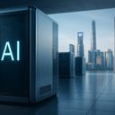 Modern server unit with glowing 'AI' text, city