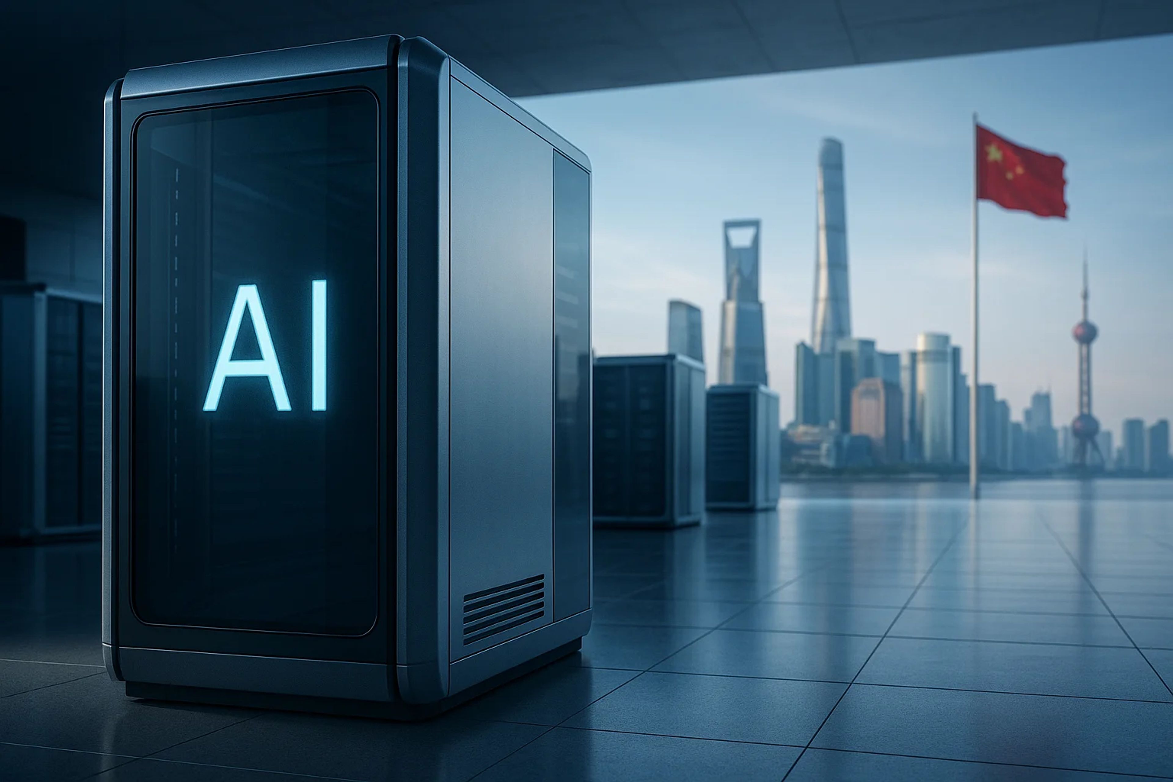 Modern server unit with glowing 'AI' text, city
