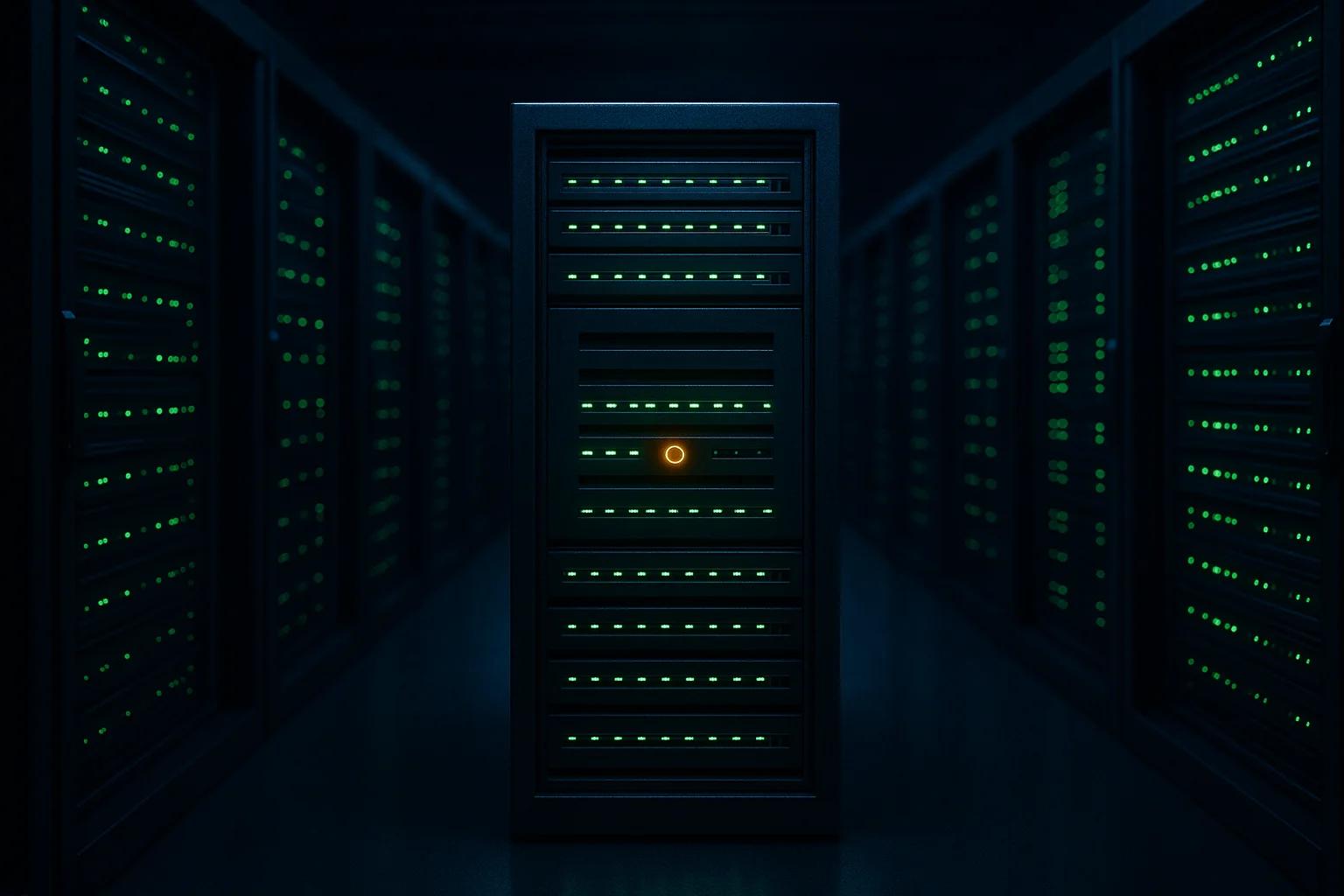 A dark server room with glowing green lights