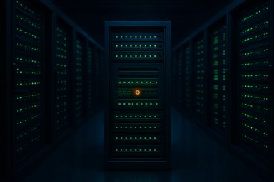 A dark server room with glowing green lights