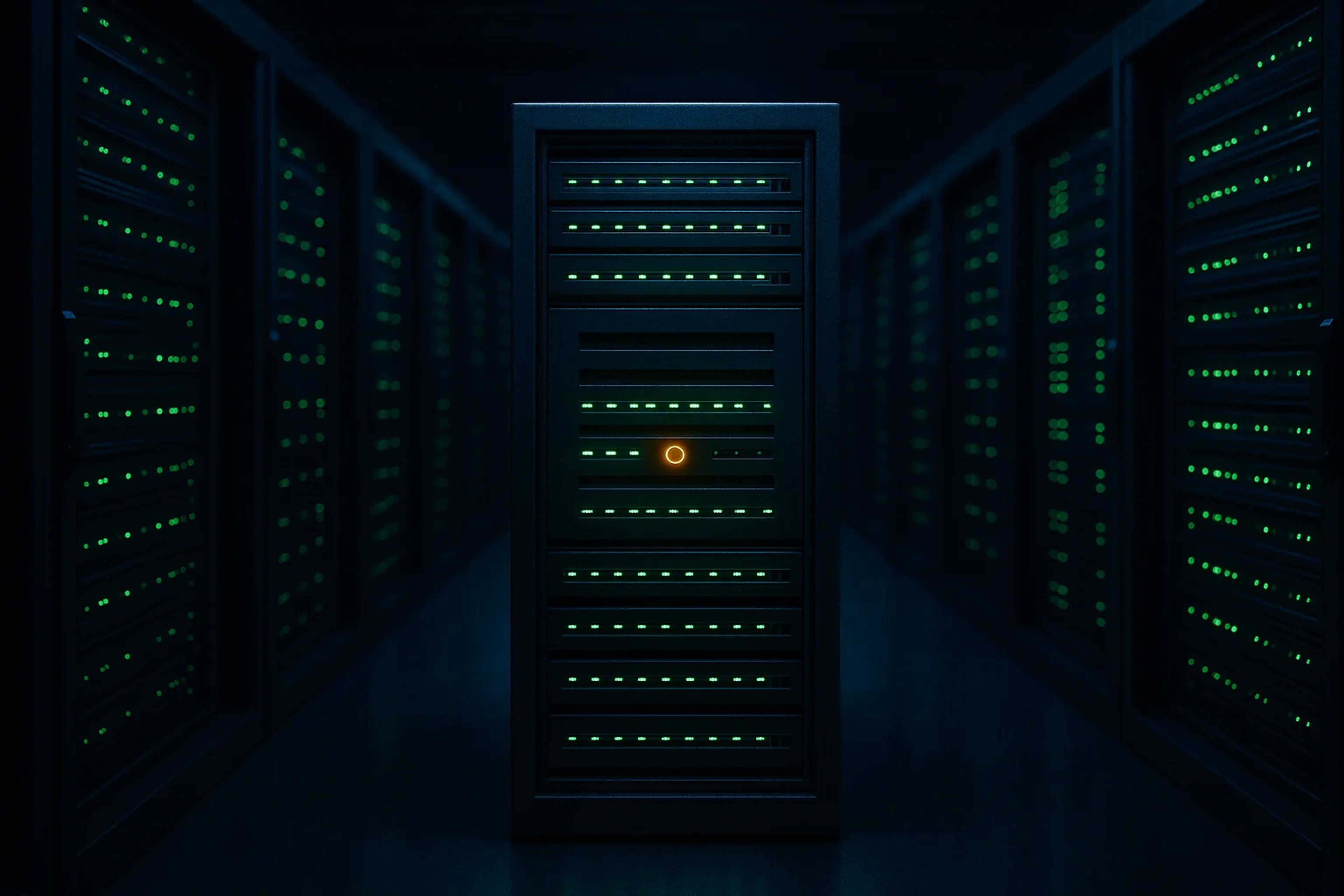 A dark server room with glowing green lights