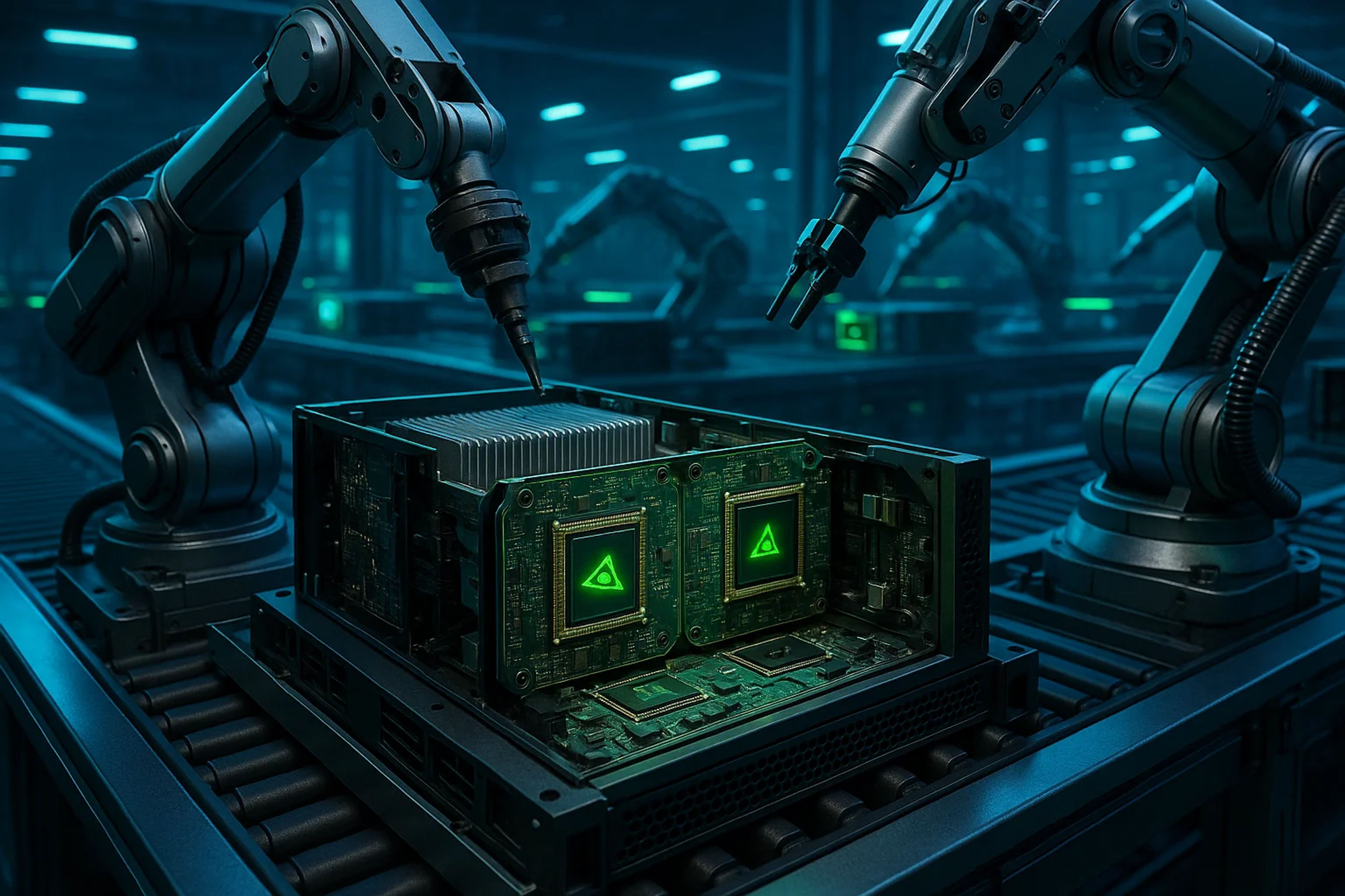 Industrial robots assembling a circuit board