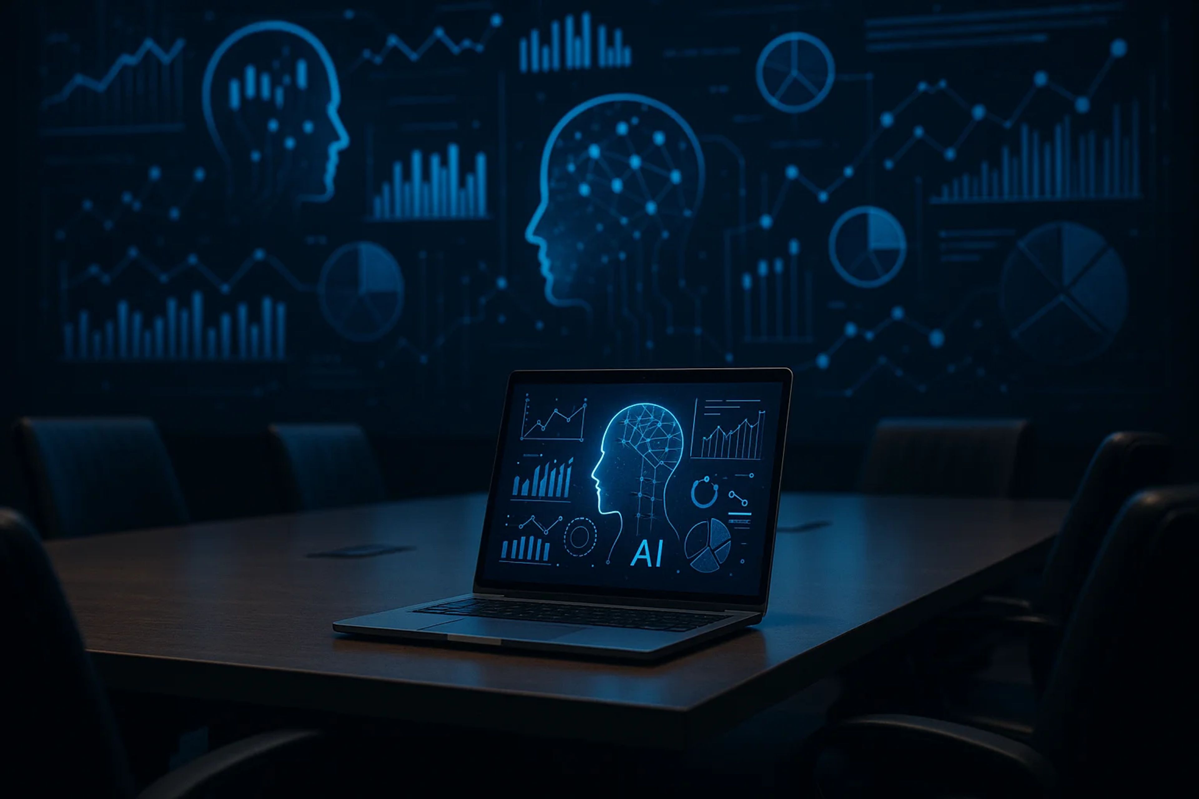 A laptop displaying AI graphics on a conference