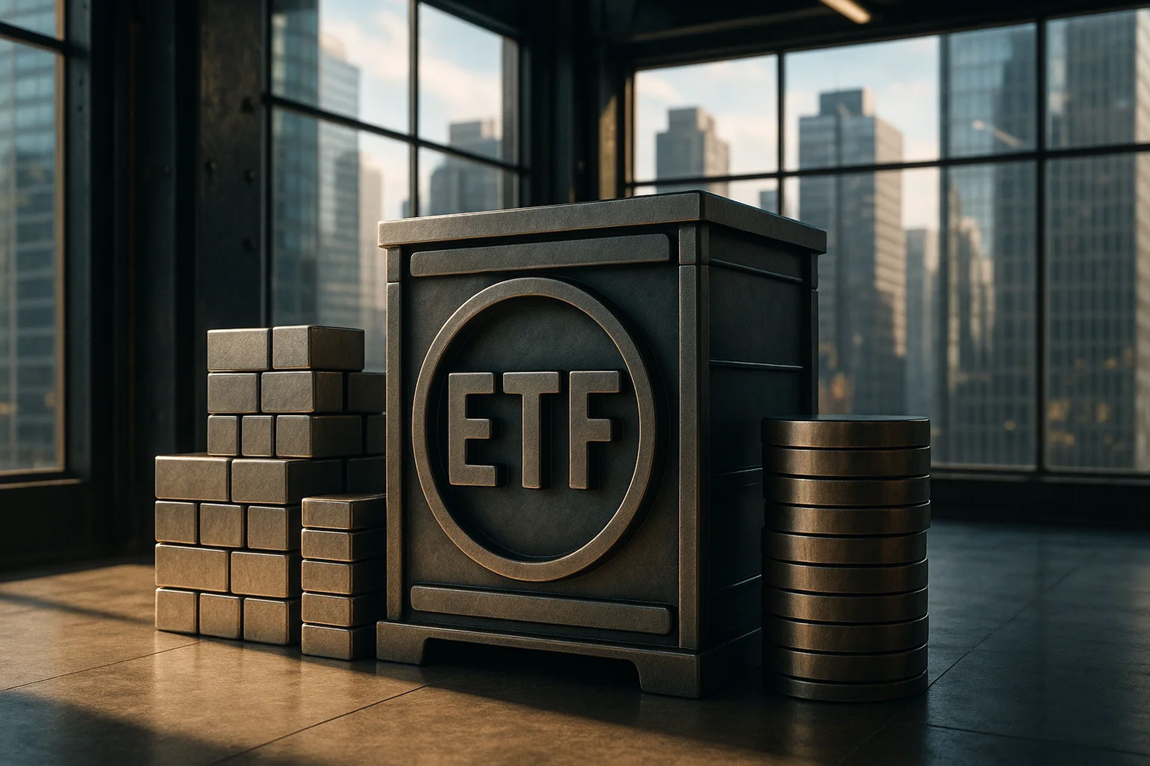 Metallic box labeled ETF surrounded by stacks of