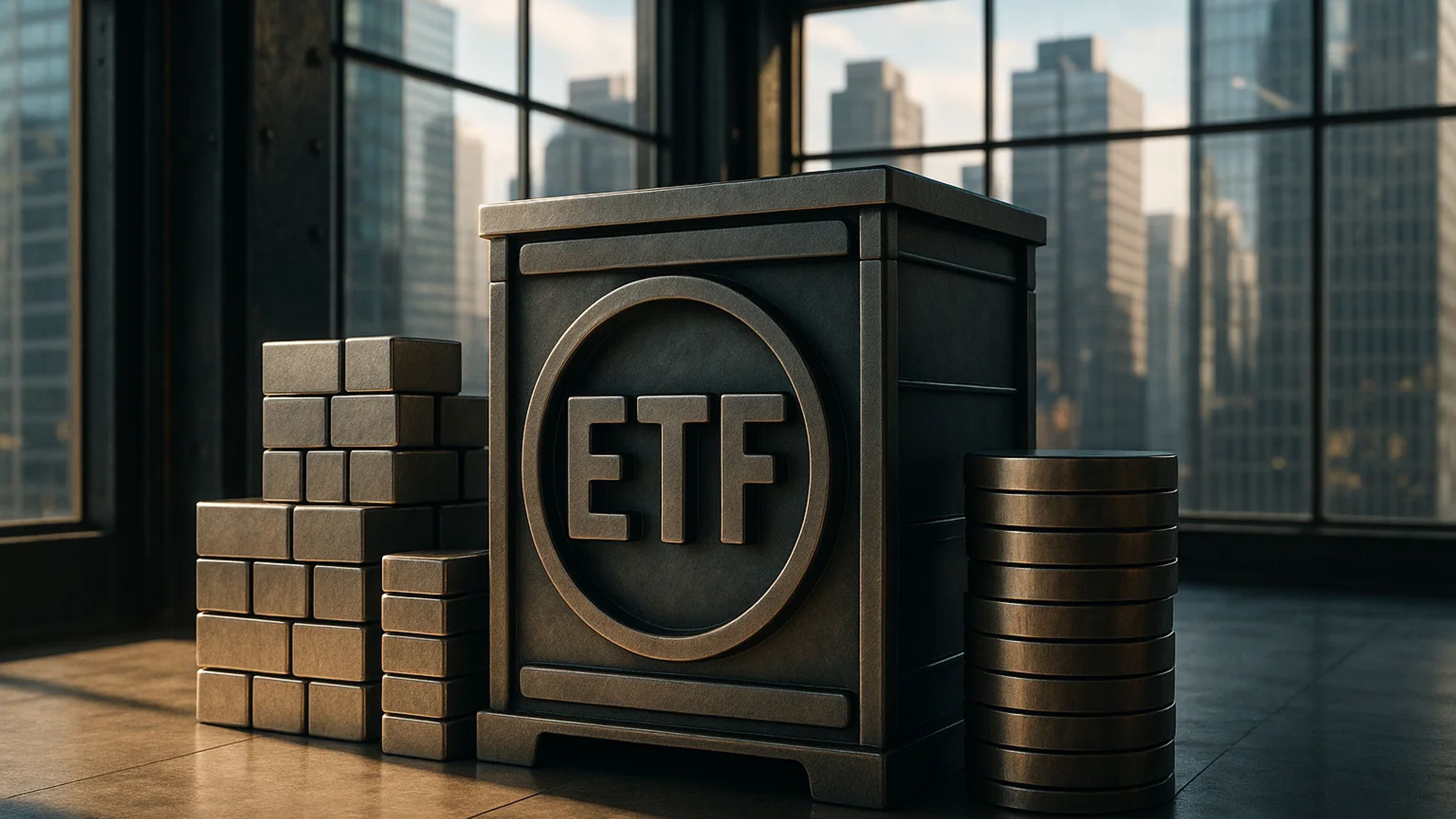 Metallic box labeled ETF surrounded by stacks of