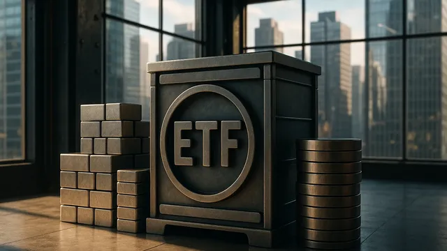 Metallic box labeled ETF surrounded by stacks of