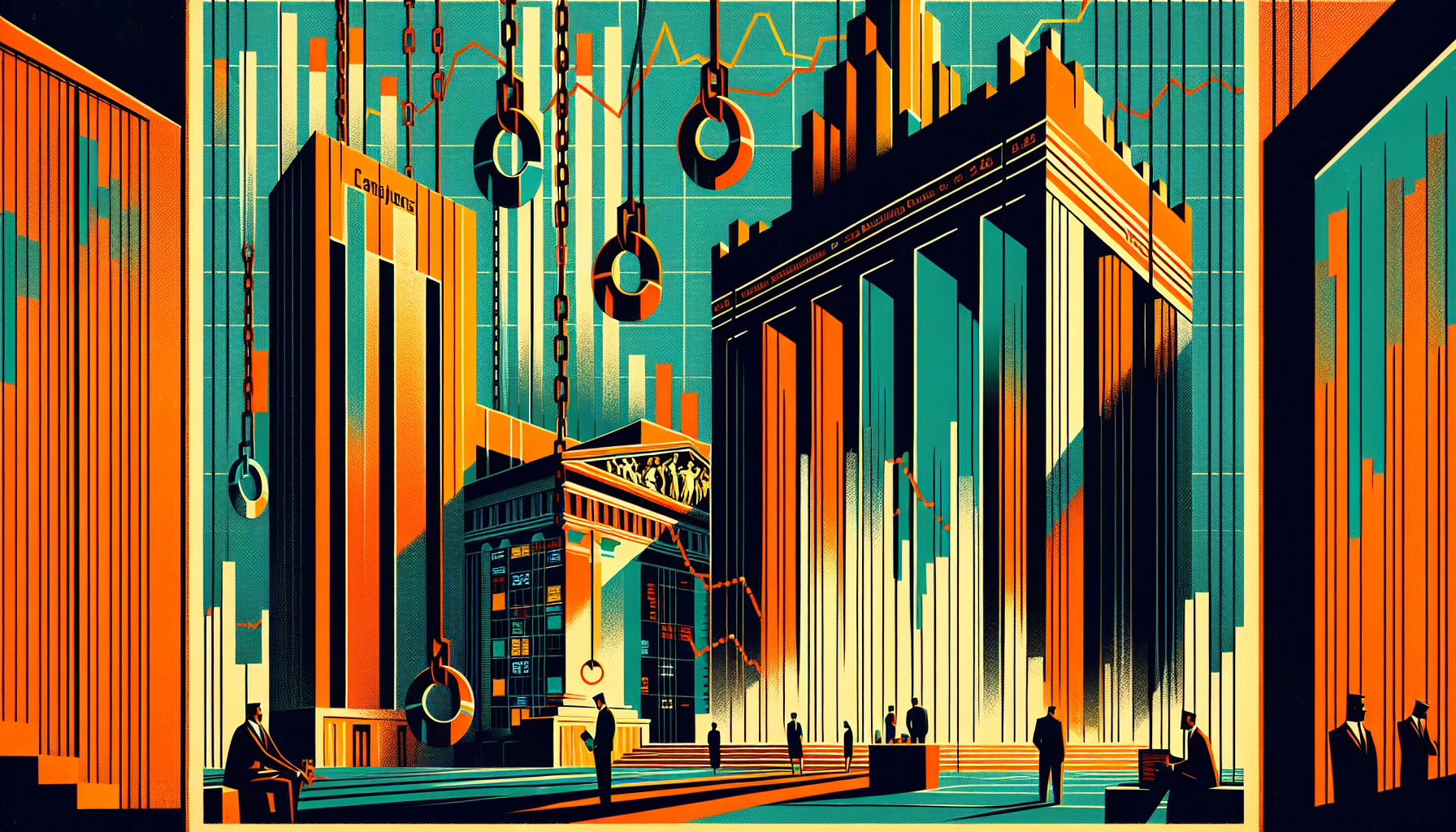 Stylized cityscape with tall buildings and