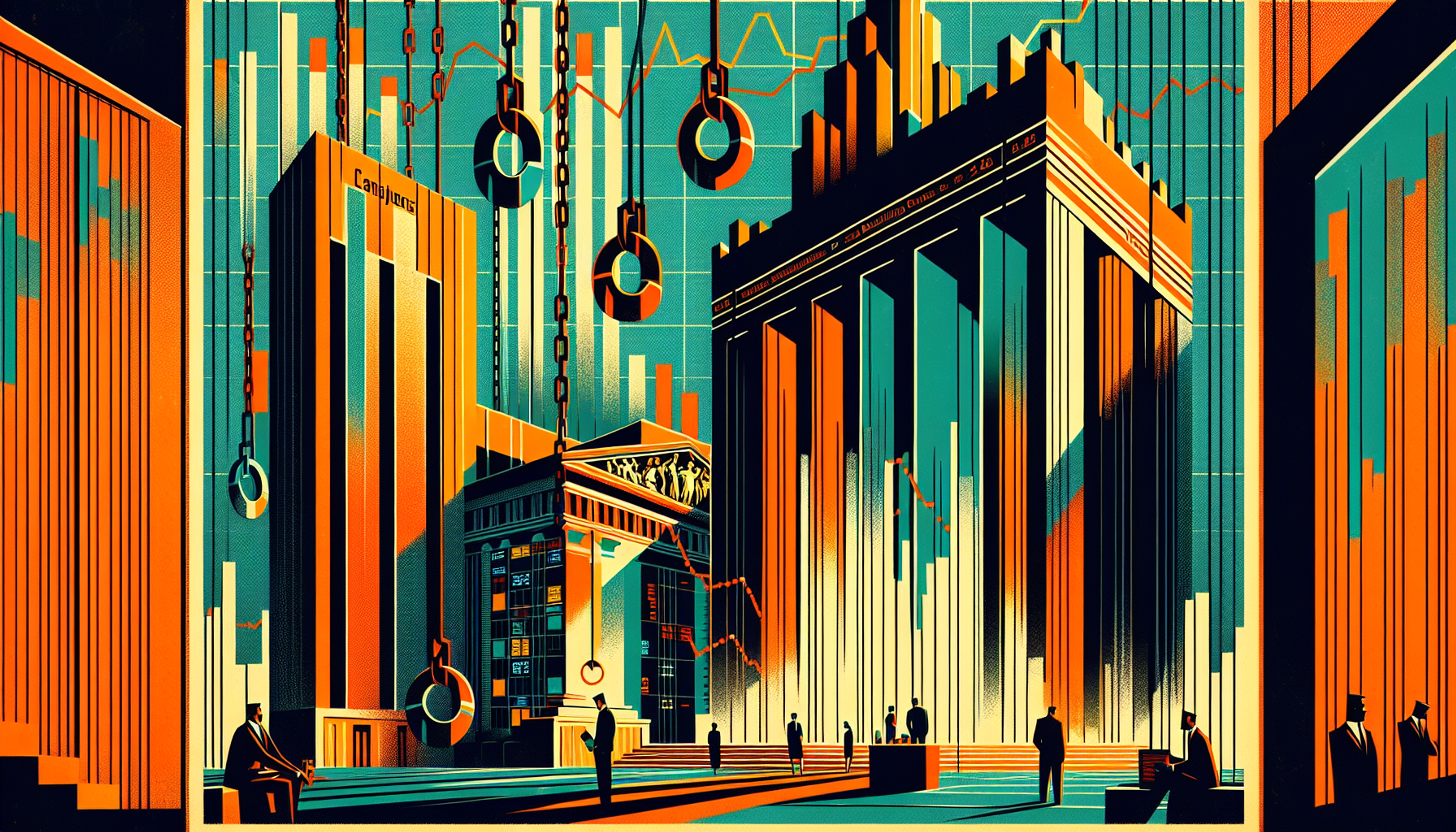 Stylized cityscape with tall buildings and